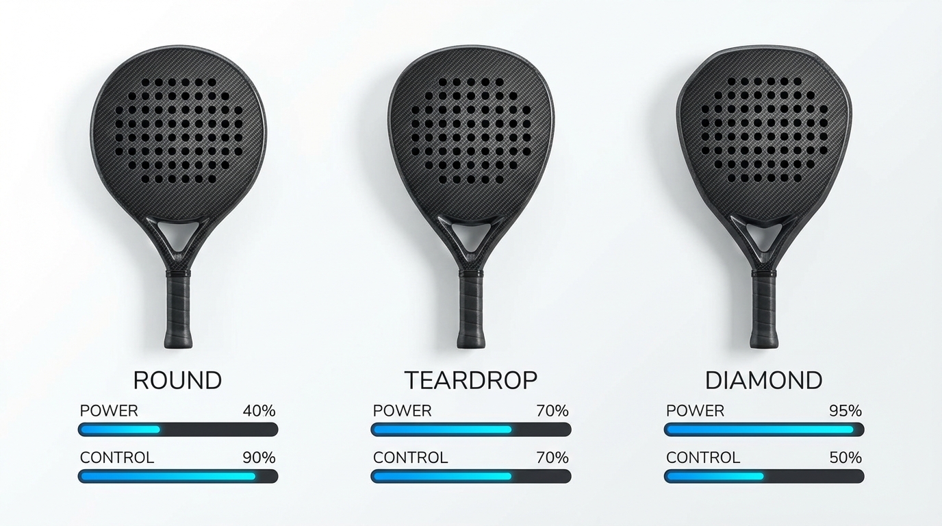A photorealistic chart showcasing the three main shapes of a padel board racket.