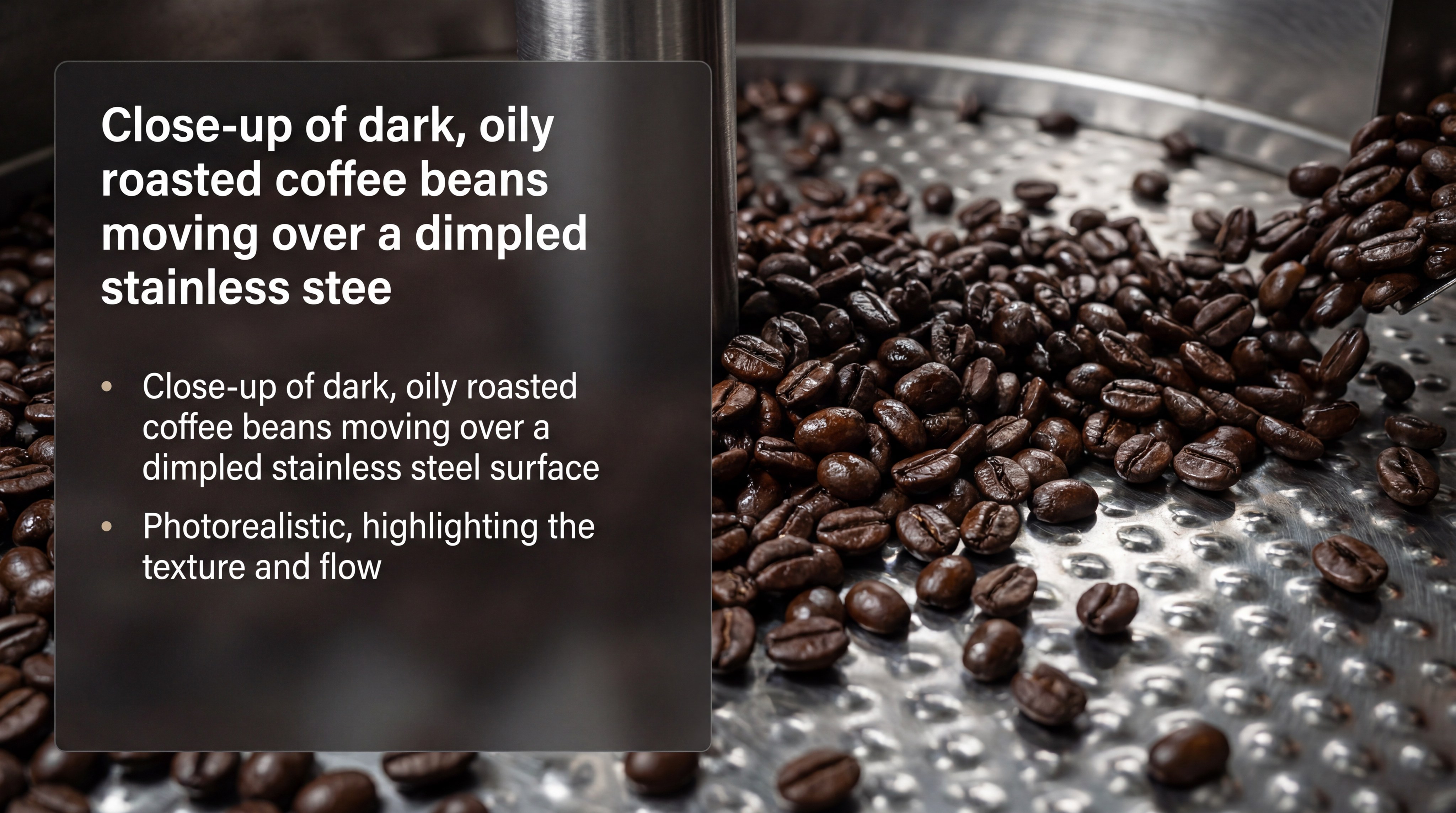 Close-up of dark, oily roasted coffee beans moving over a dimpled stainless steel surface