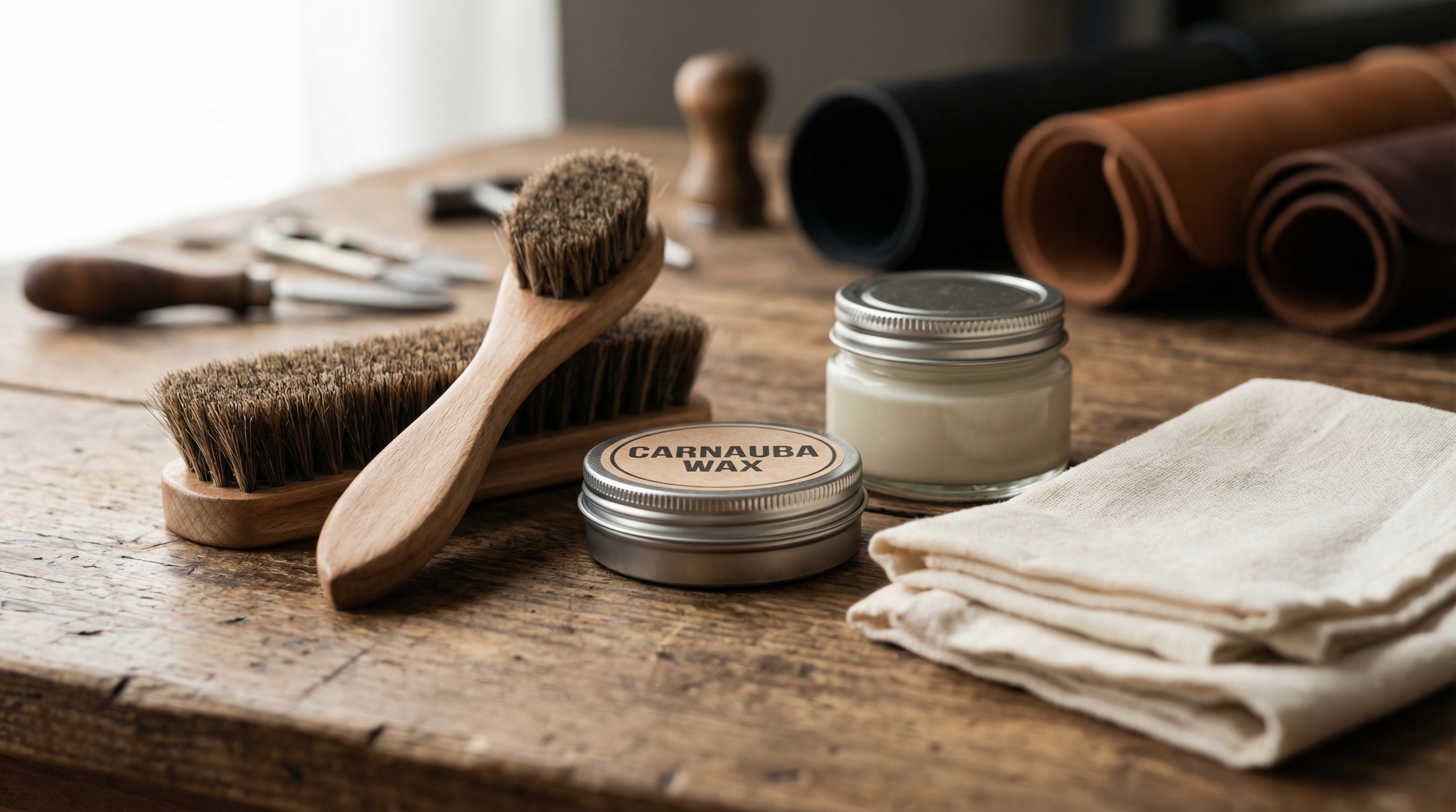 A premium shoe care kit featuring horsehair brushes, carnauba wax, and cotton cloths on a wooden workbench.