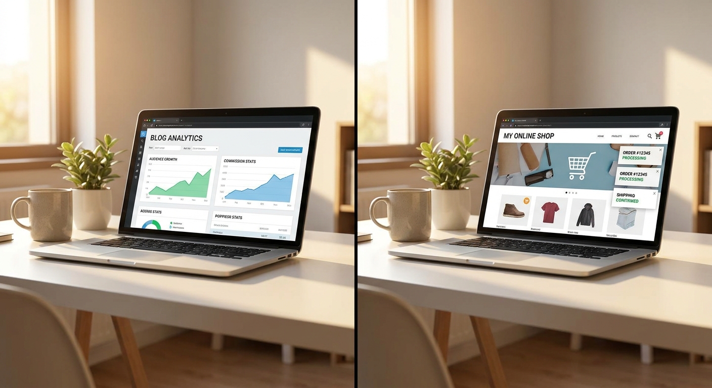 Split screen photo comparison showing a remote office environment with blog analytics and an online shop