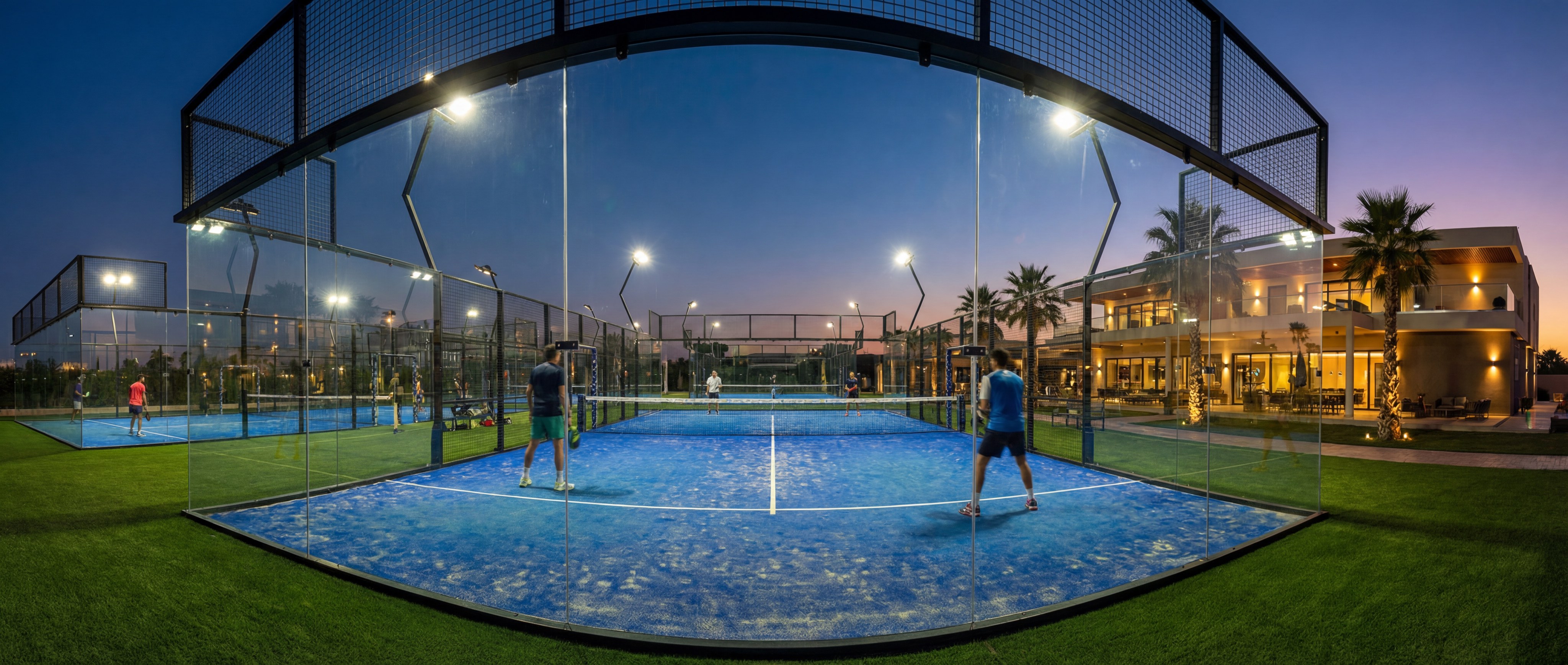 Luxury padel court at twilight showing glass walls