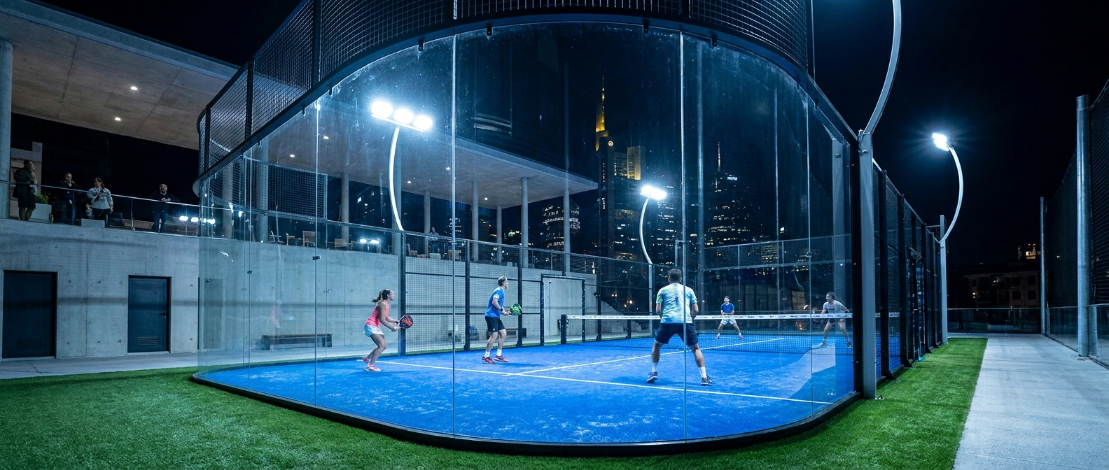 Panoramic padel court at night under bright LED floodlights