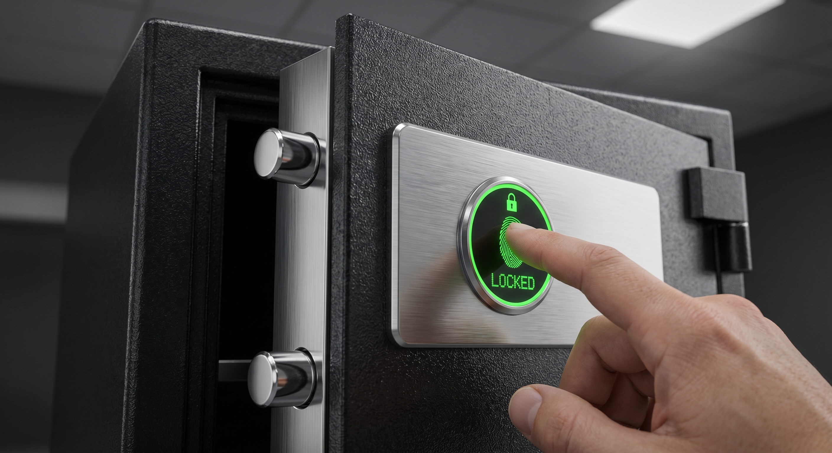 Fingerprint lock showing locked status on safe door