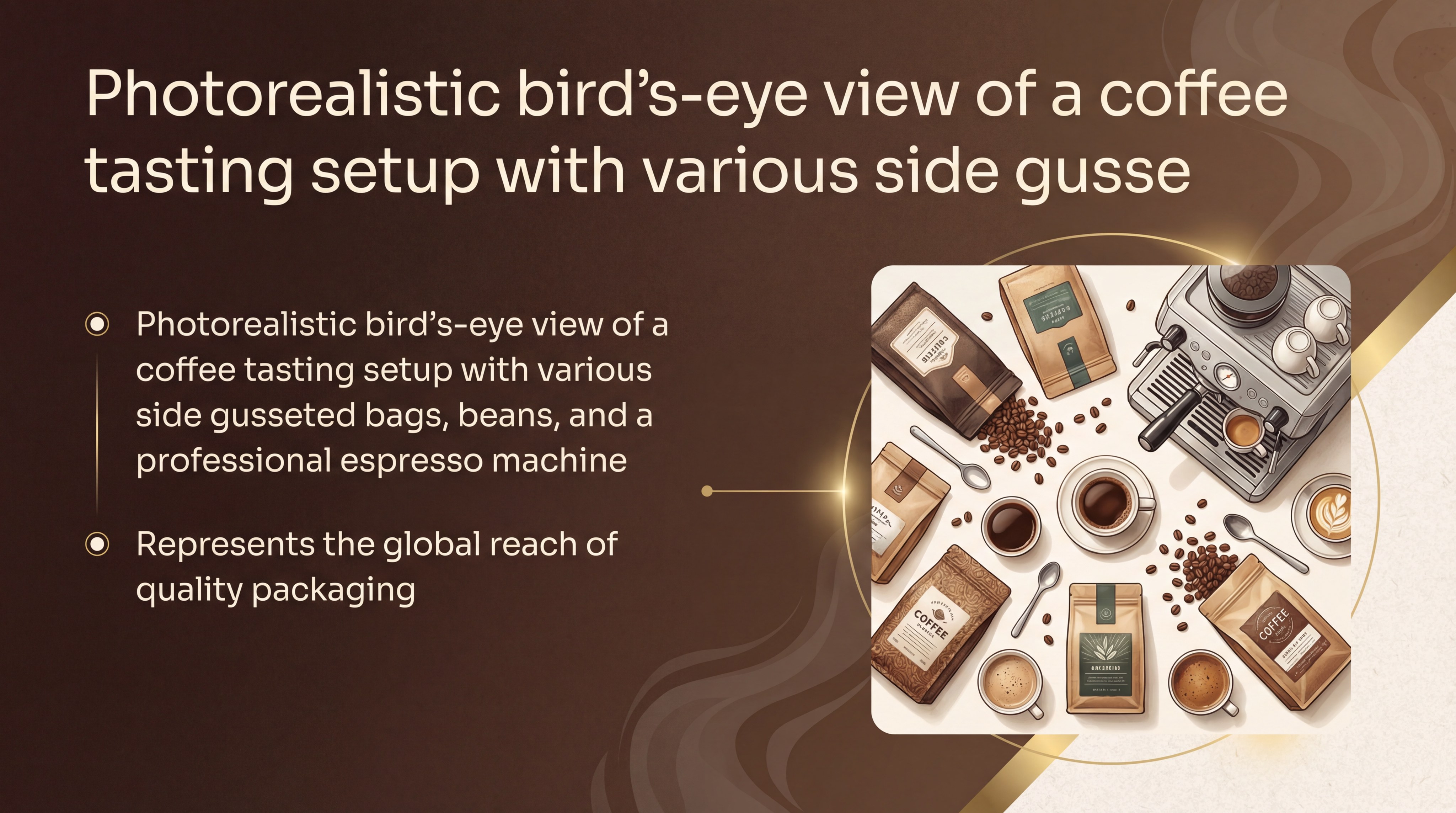 Photorealistic bird's-eye view of a coffee tasting setup with various side gusseted bags