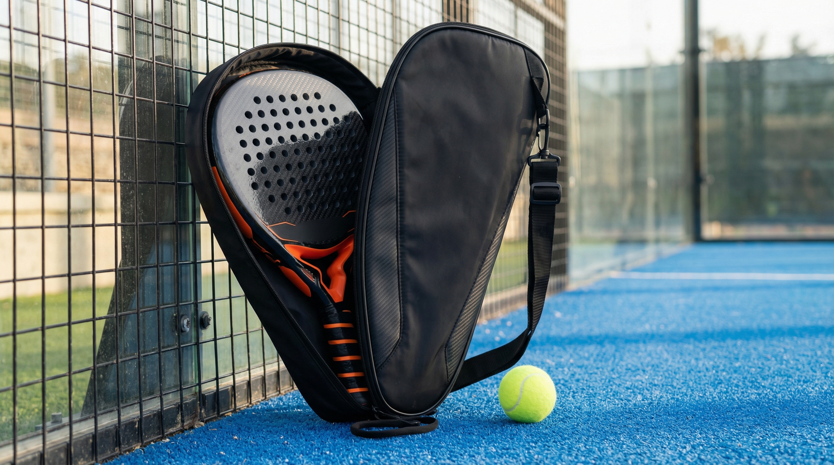 A professional padel racket in a premium carrying case