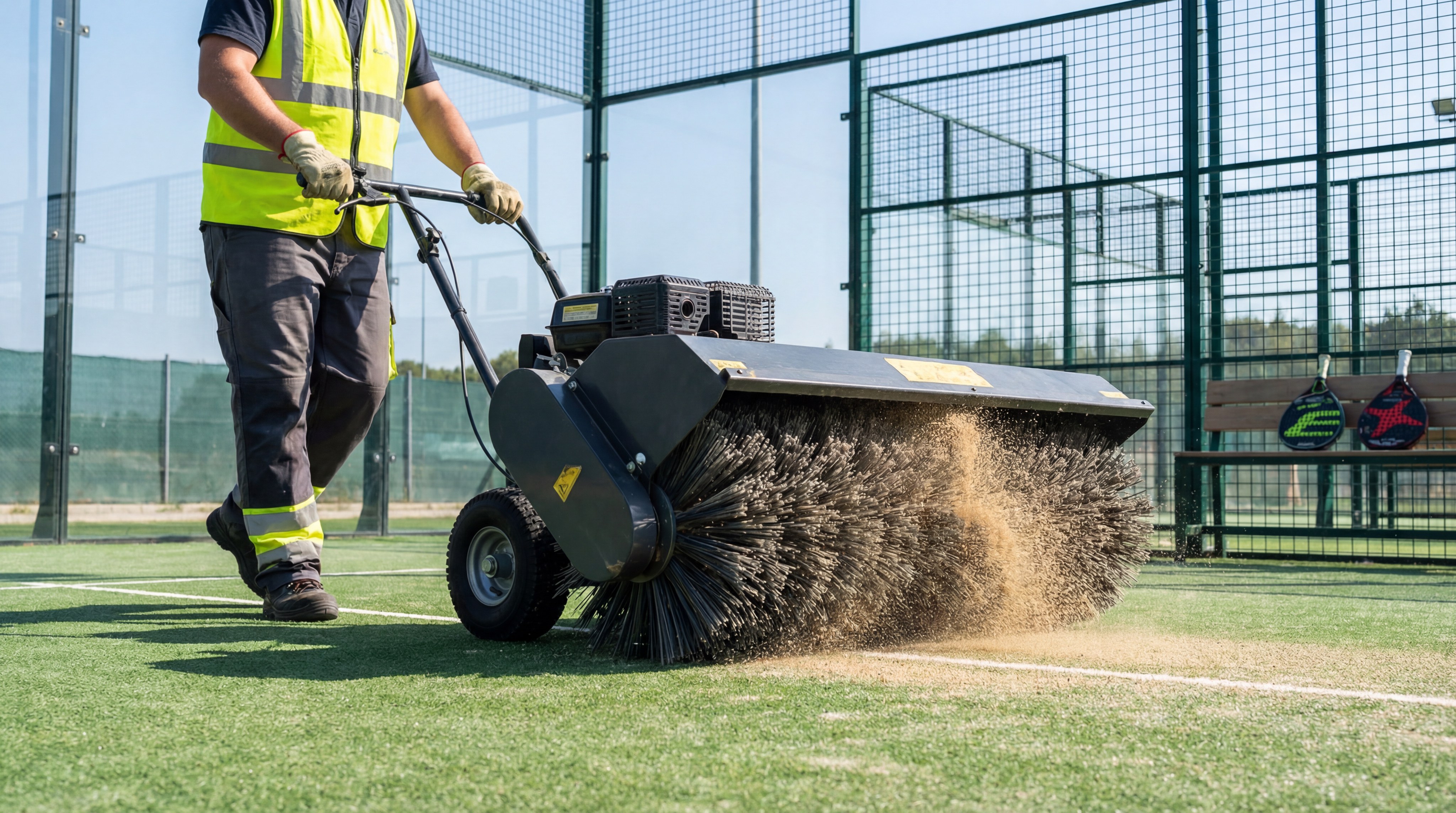 Maintenance Worker Redistributing Sand on Padel Court Turf
