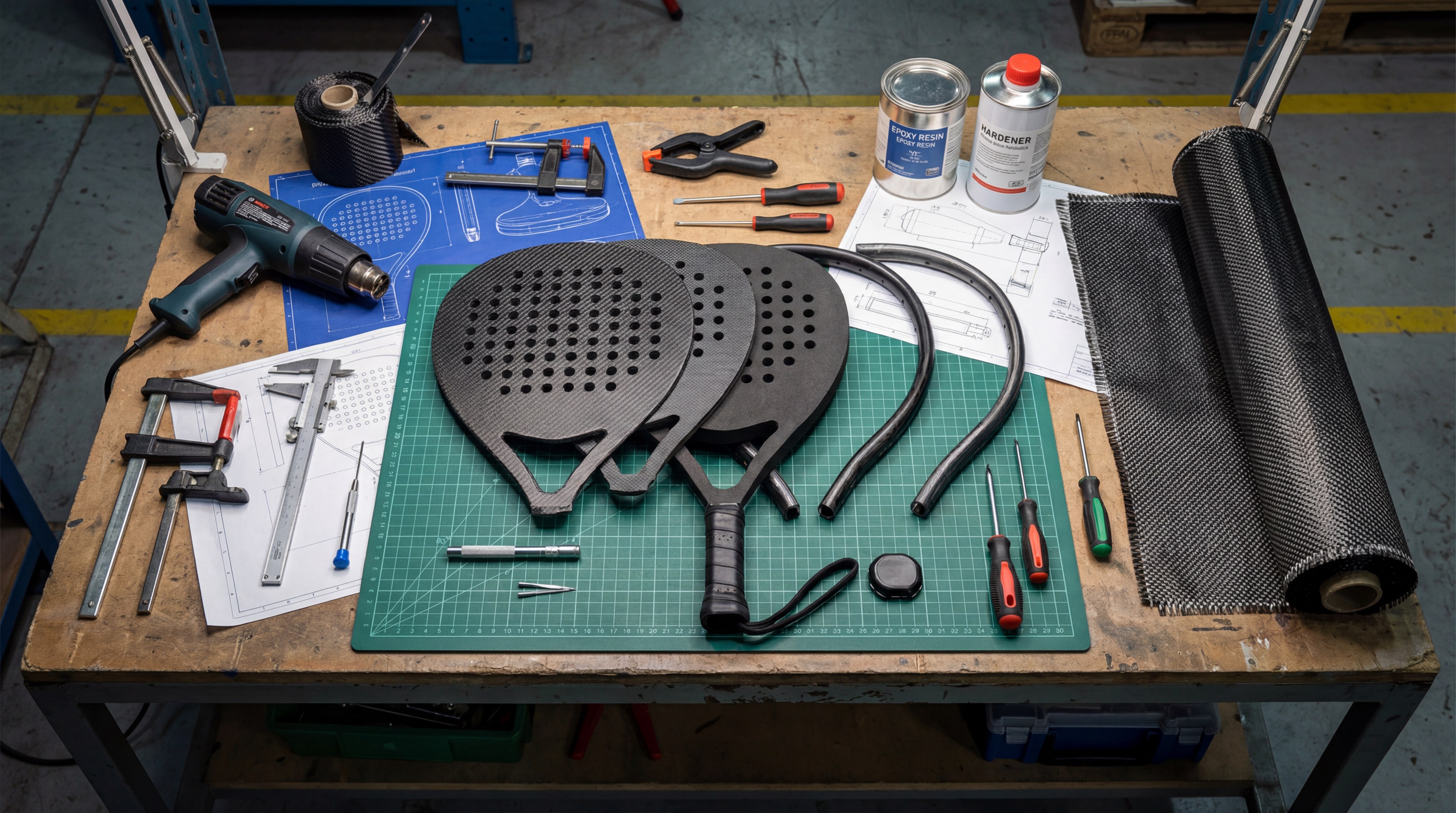 An exploded view of a padel racket on a technical workbench with tools and raw materials