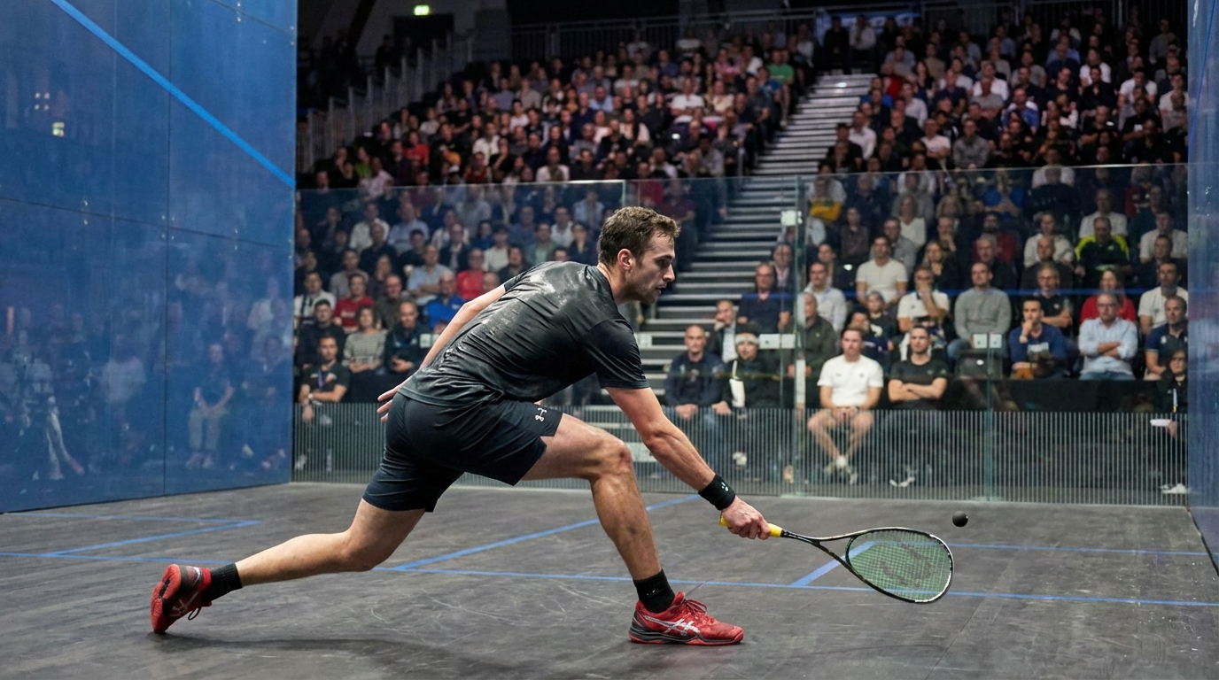 Spectator perspective looking through panoramic court glass at a player lunging for the ball