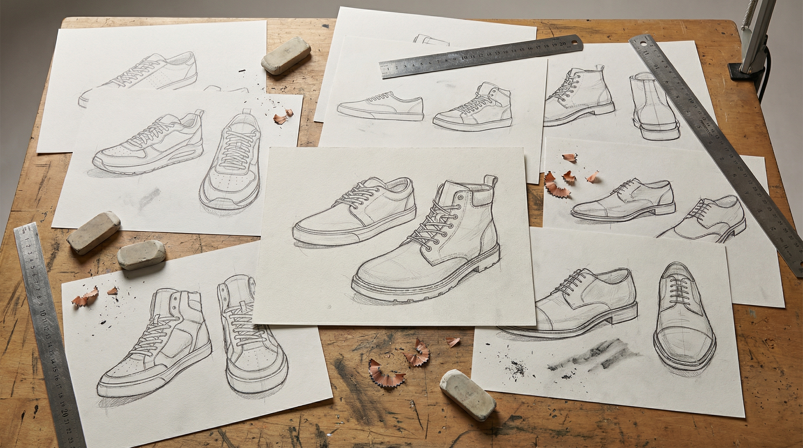 A collection of professional shoe sketches including sneakers and boots shown from multiple angles and perspectives on a studio table