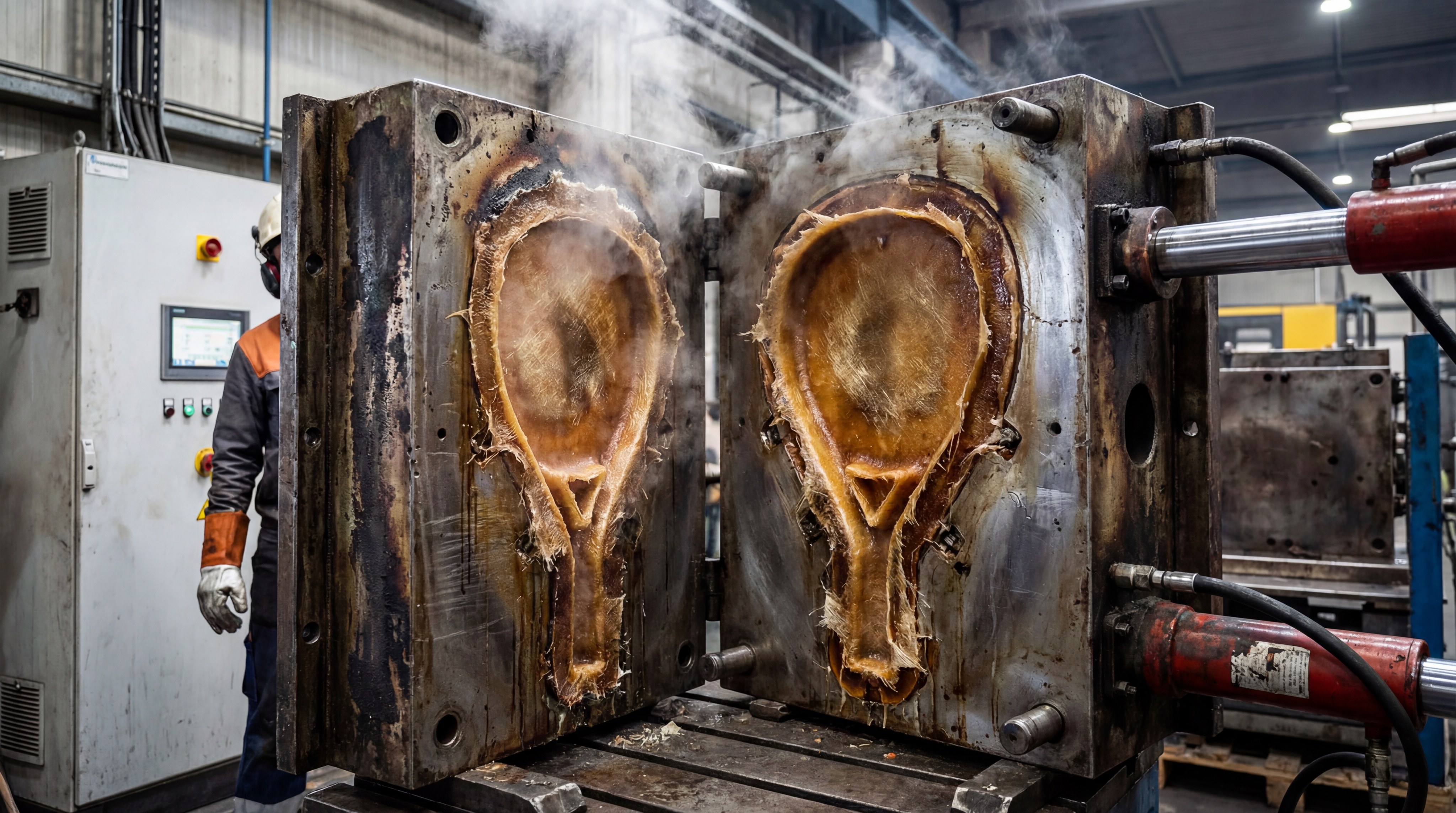 A photorealistic image of a heavy industrial steel mold being opened. Inside, the raw shape of a raqueta de padel is visible, with excess resin being squeezed out of the edges under high pressure.