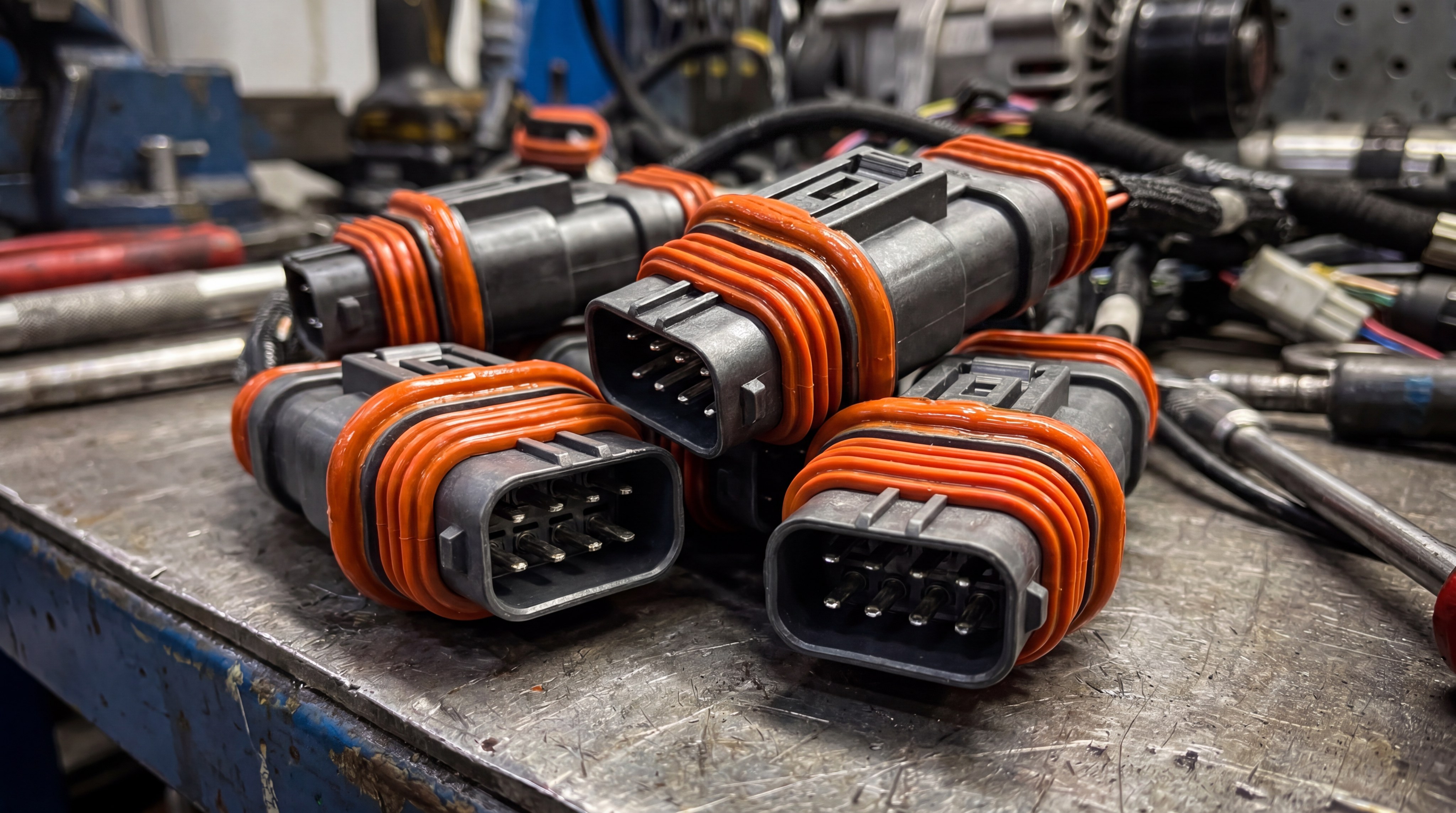 Closeup of overmolded automotive electronic connectors