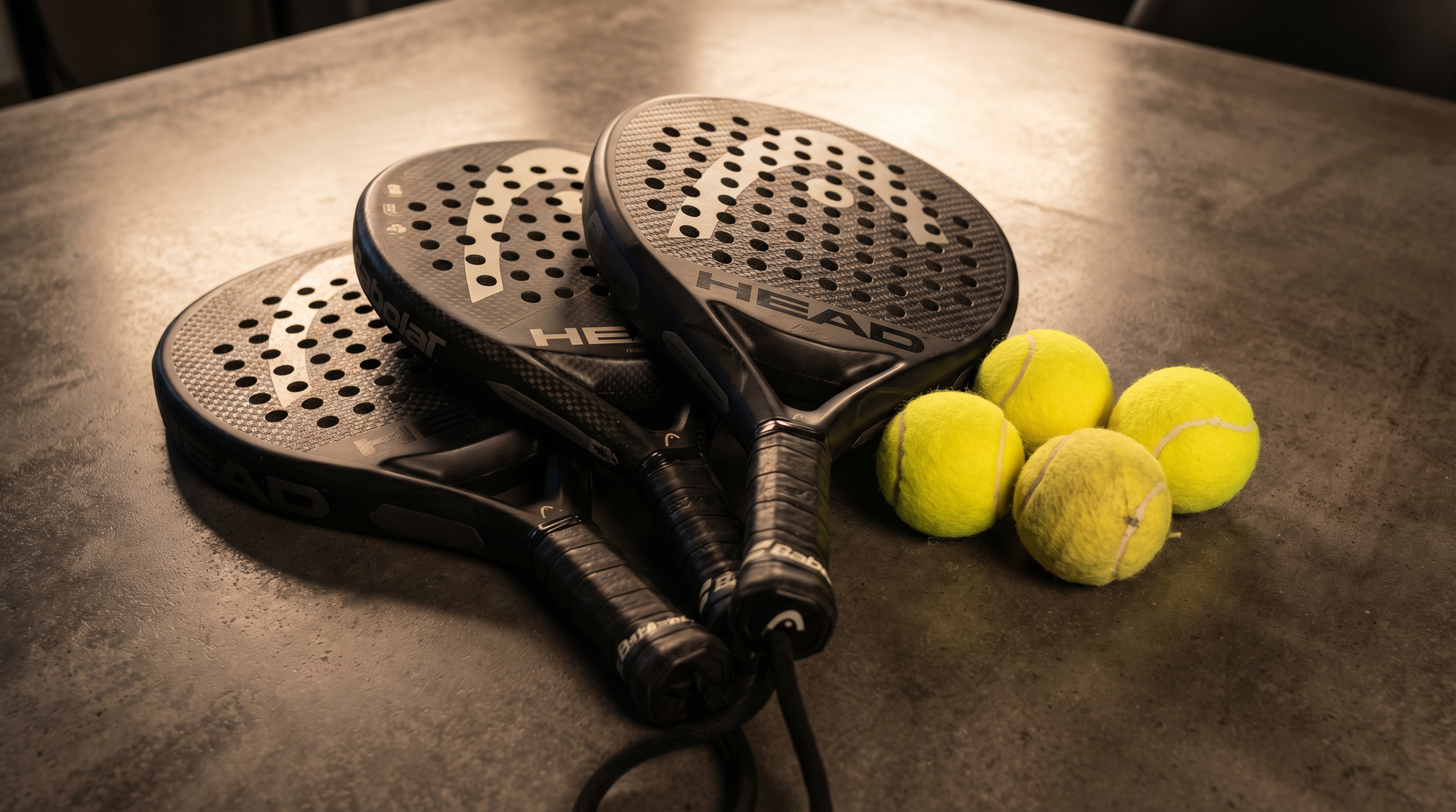 Three professional padel rackets and several yellow balls on a sleek table