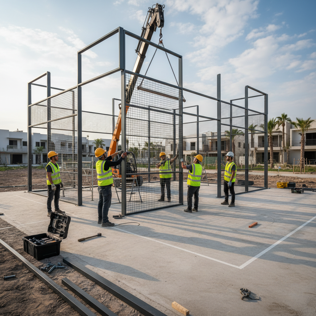 Construction crew installing a steel padel court frame on a concrete slab