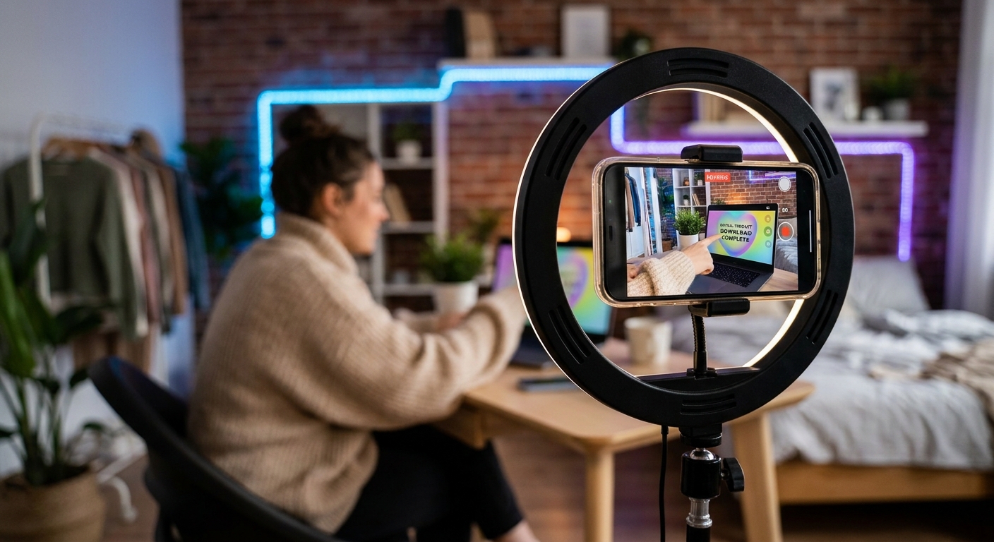 Content Creator Filming Short-Form Video with Ring Light Setup