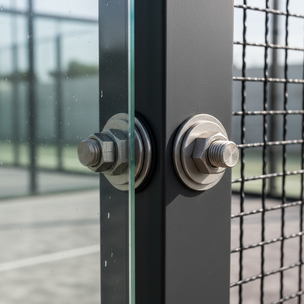 Close-up of glass panel and stainless steel mounting hardware