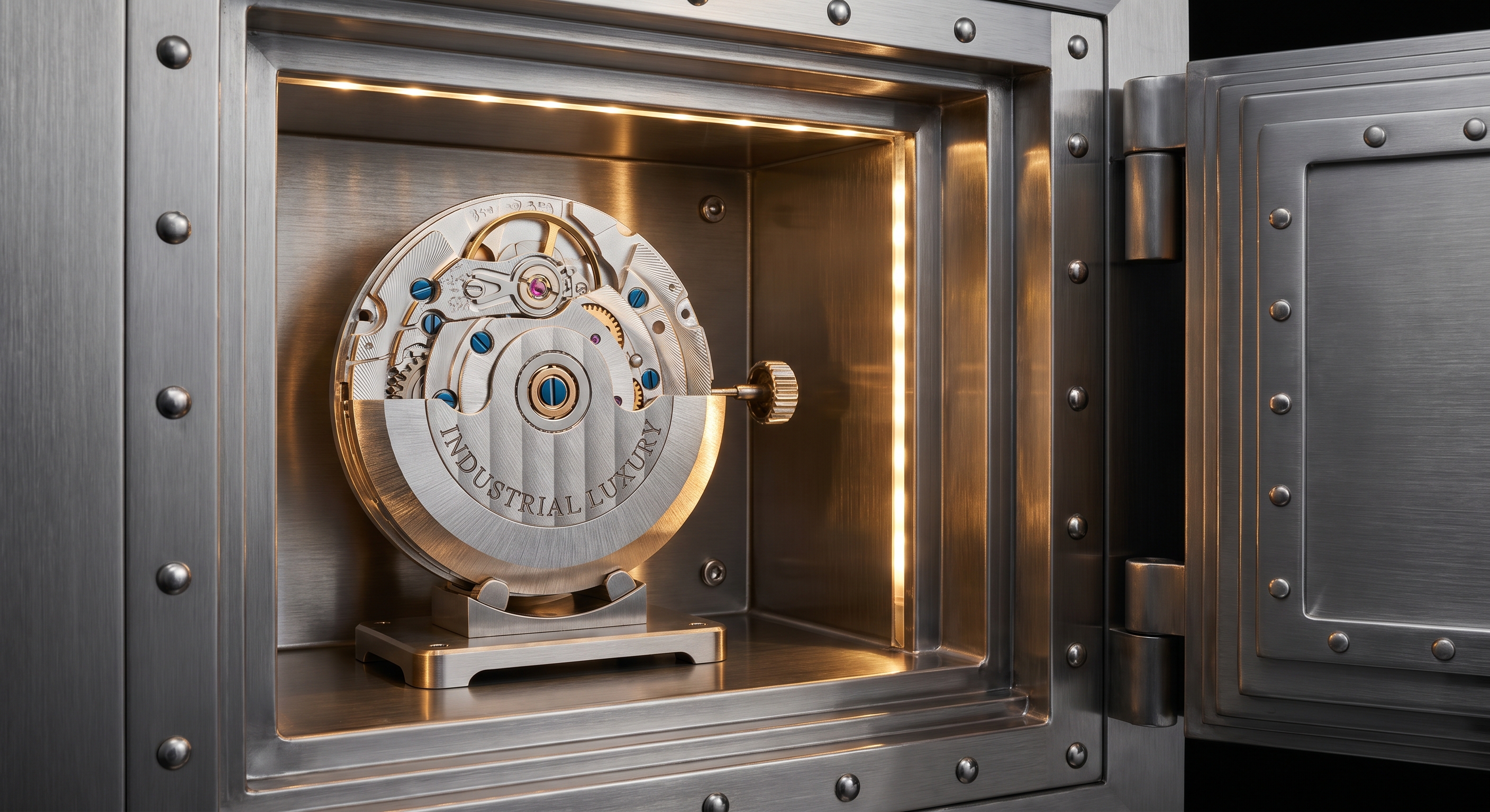 Macro shot of a mechanical watch movement inside a stainless steel safe compartment