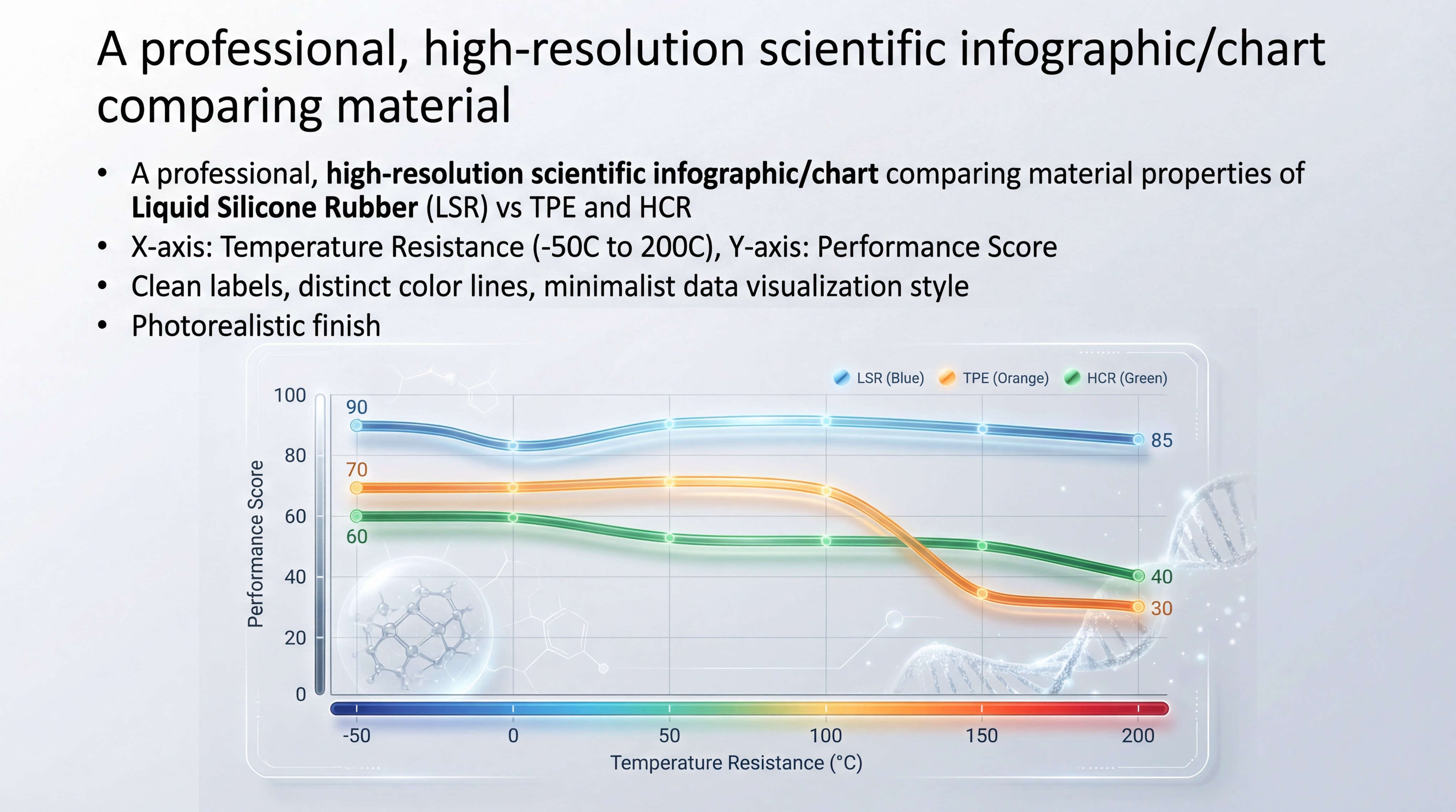 A high-resolution scientific chart comparing the material properties of Liquid Silicone Rubber (LSR) against TPE and HCR.