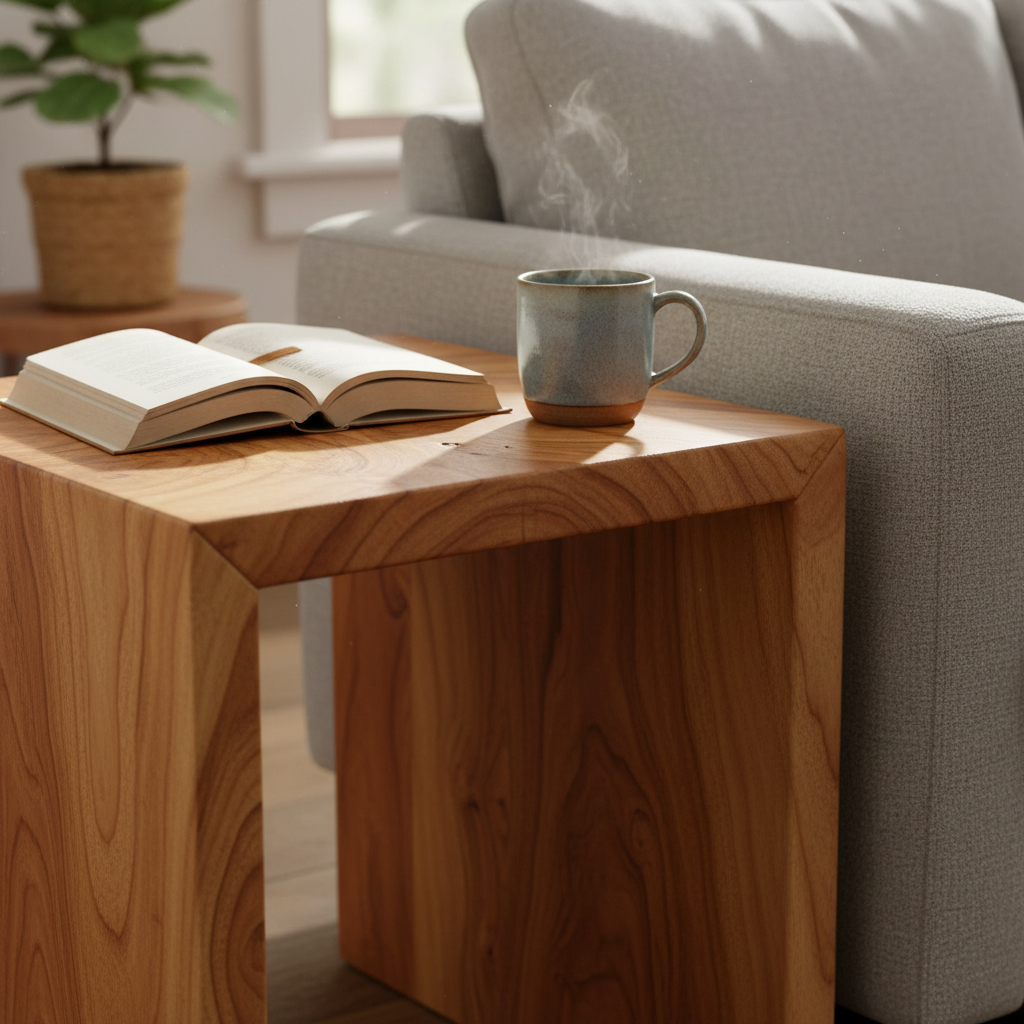 Solid rubberwood end table near a sofa arm in natural morning light