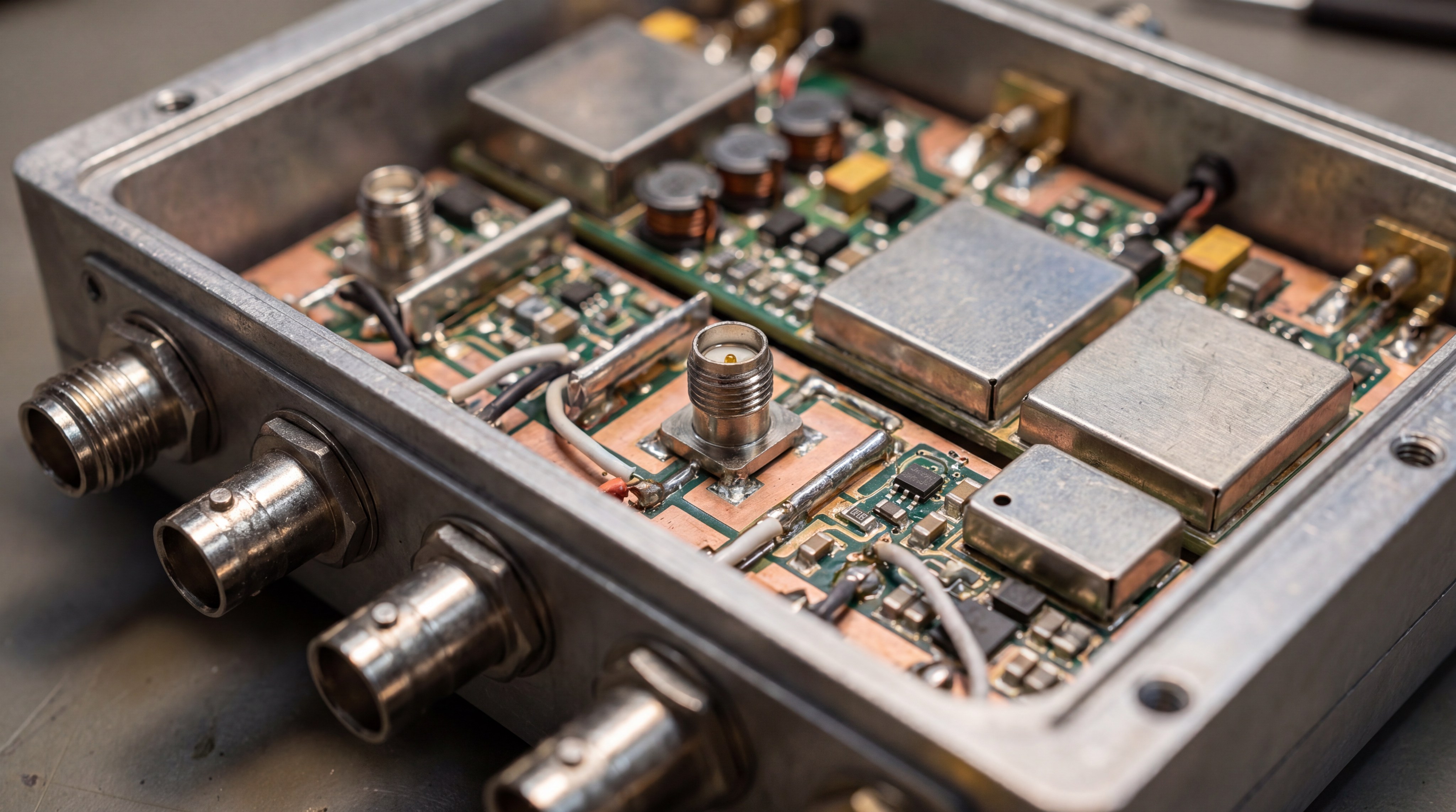 Closeup of RF connectors and internal circuitry of a pulse amplifier