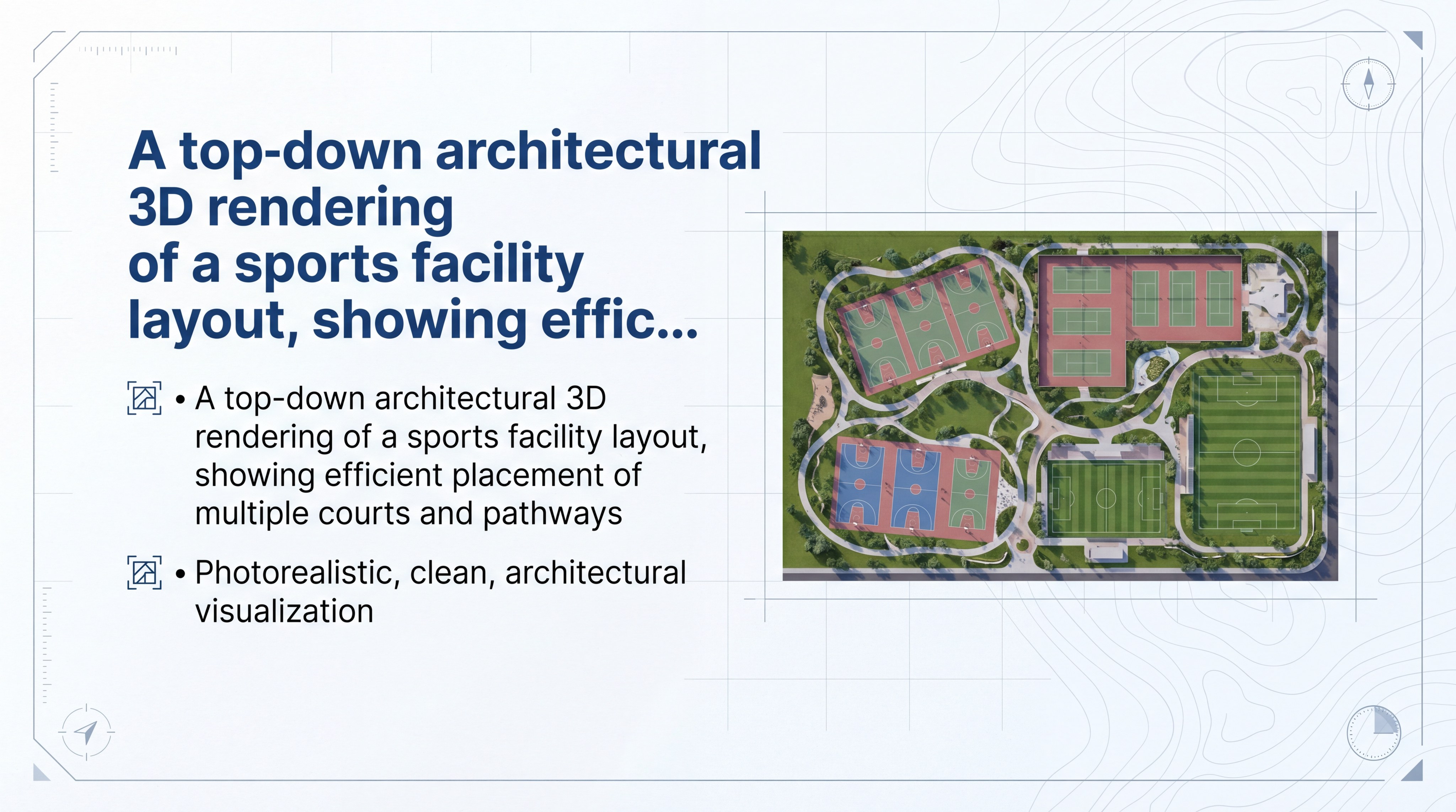 A top-down architectural 3D rendering of a sports facility layout, showing efficient placement of multiple courts and pathways