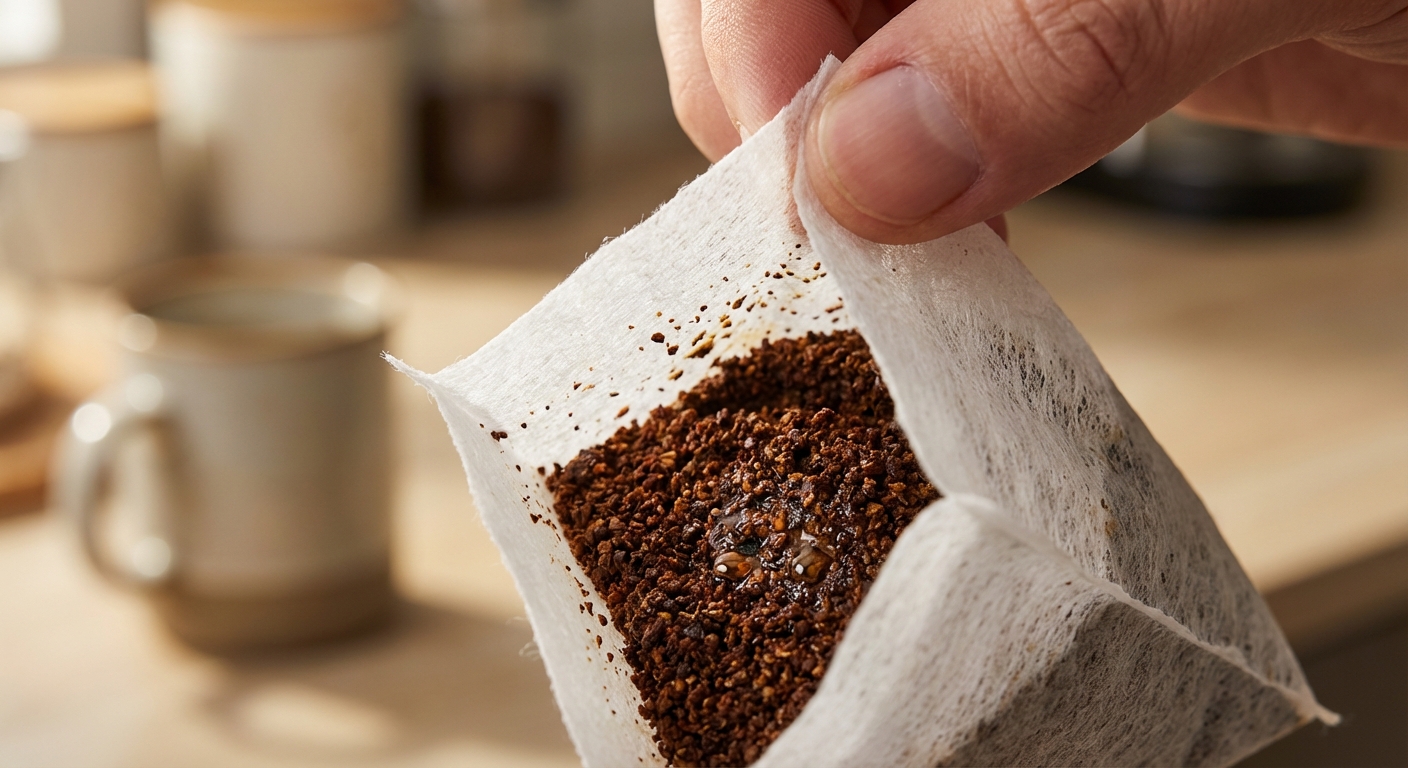 Dark roast coffee bag macro shot