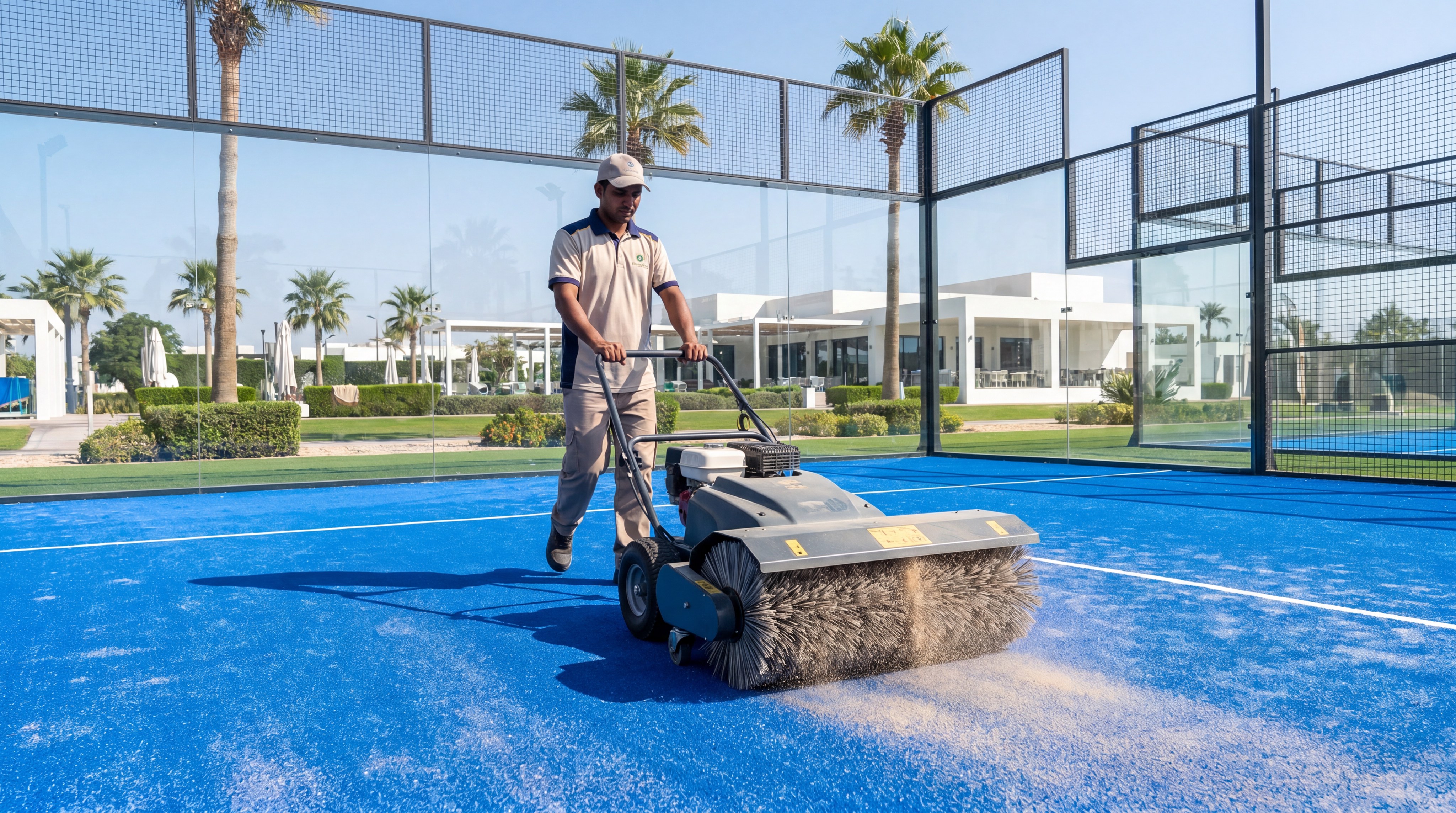 Worker using a professional sand leveling machine on blue turf