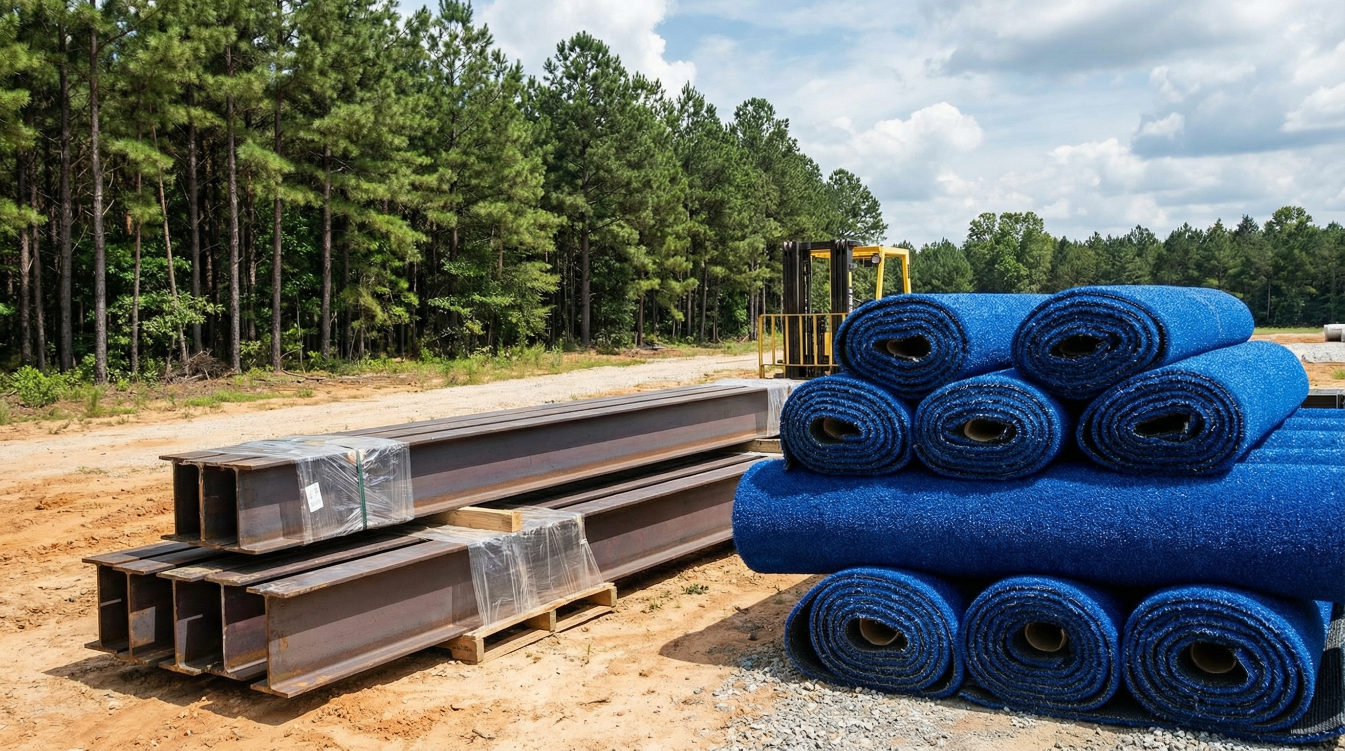 A photorealistic image of a stack of premium materials—blue texturized turf rolls and steel beams—being delivered to a construction site with Atlanta pines in the background.