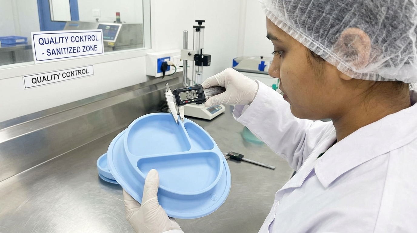 A quality control technician using digital calipers to measure the thickness of a silicone baby plate in a sanitized lab.