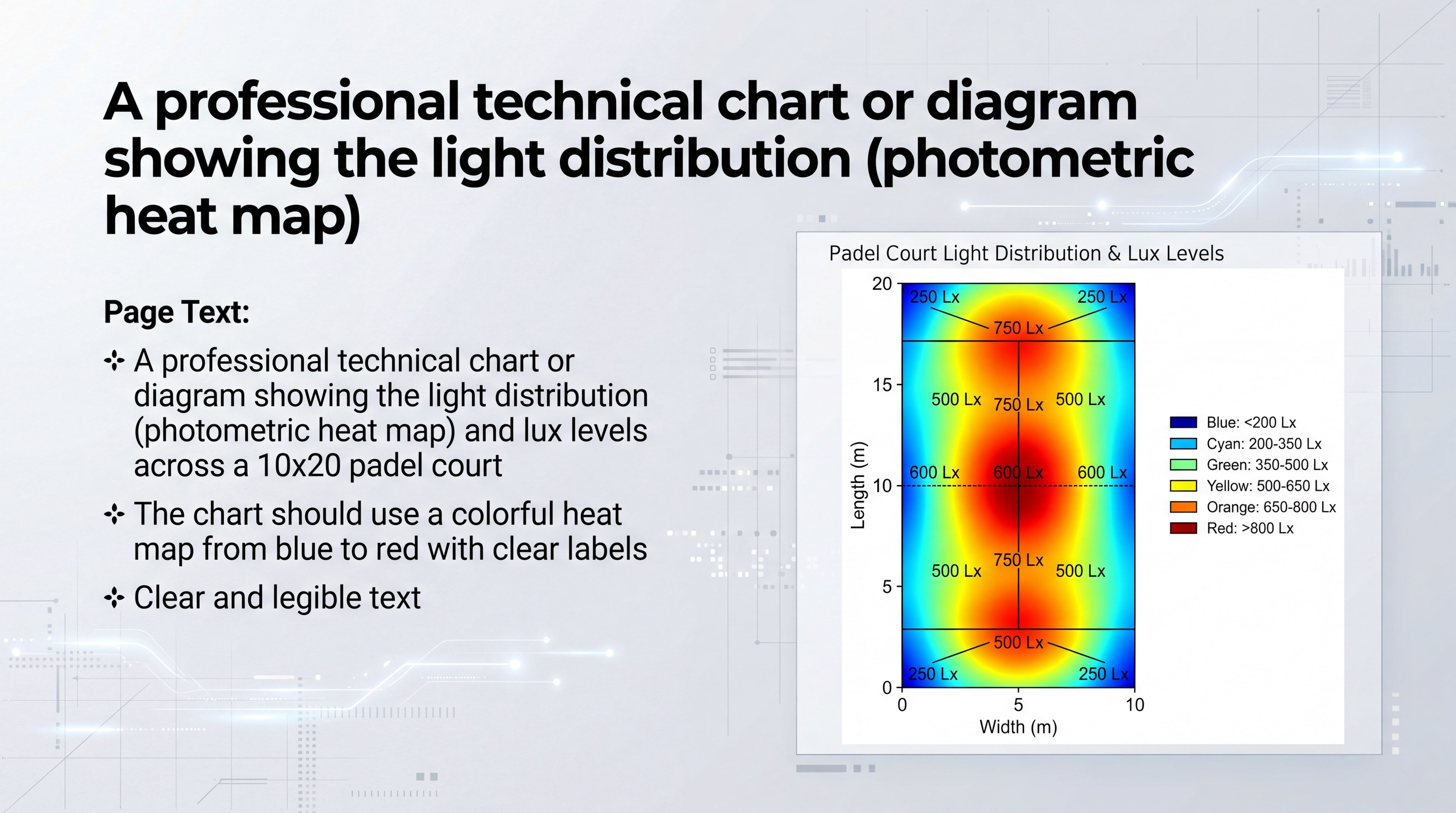 A professional technical chart showing the light distribution and lux levels across a 10x20 padel court