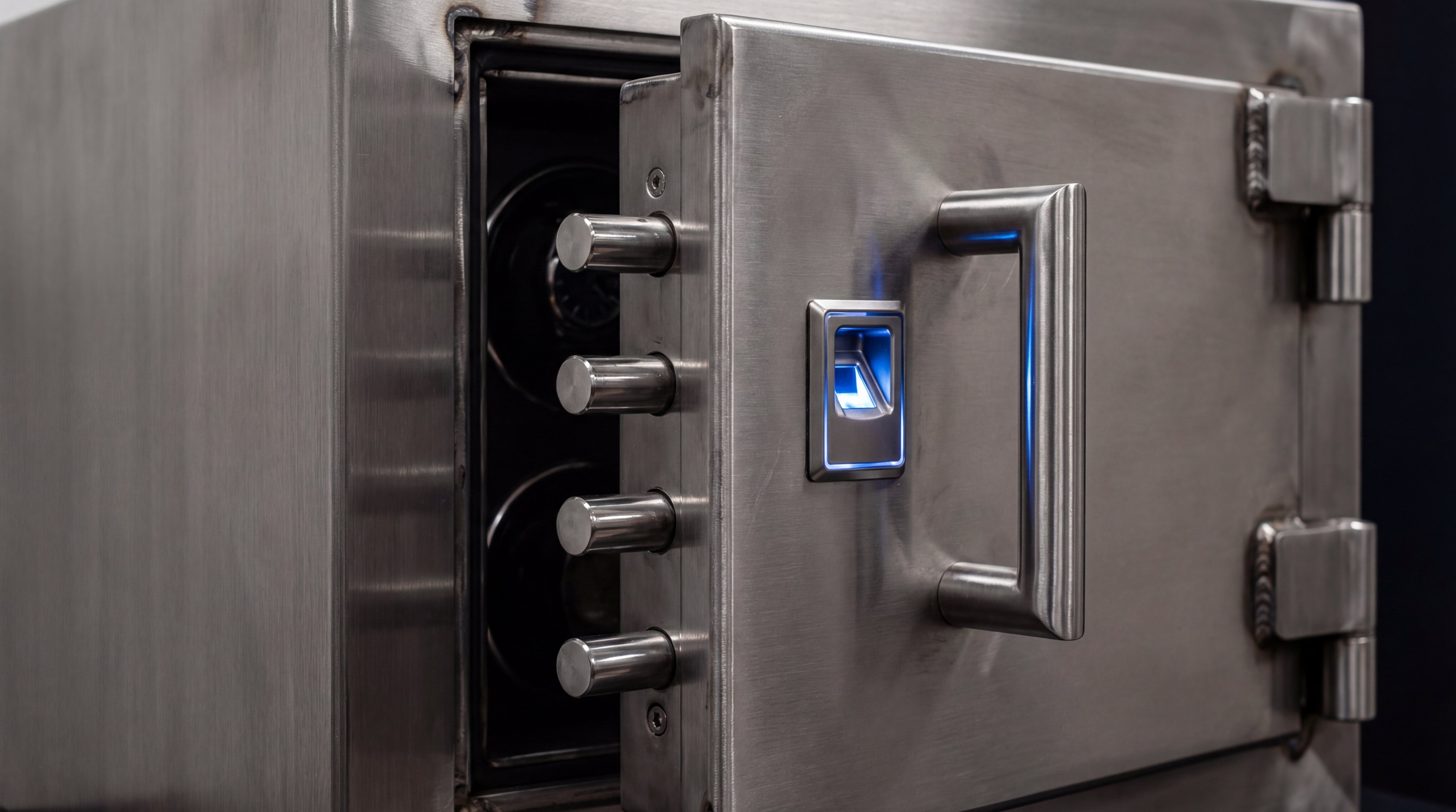 Closeup of a reinforced steel safe door with biometric scanner
