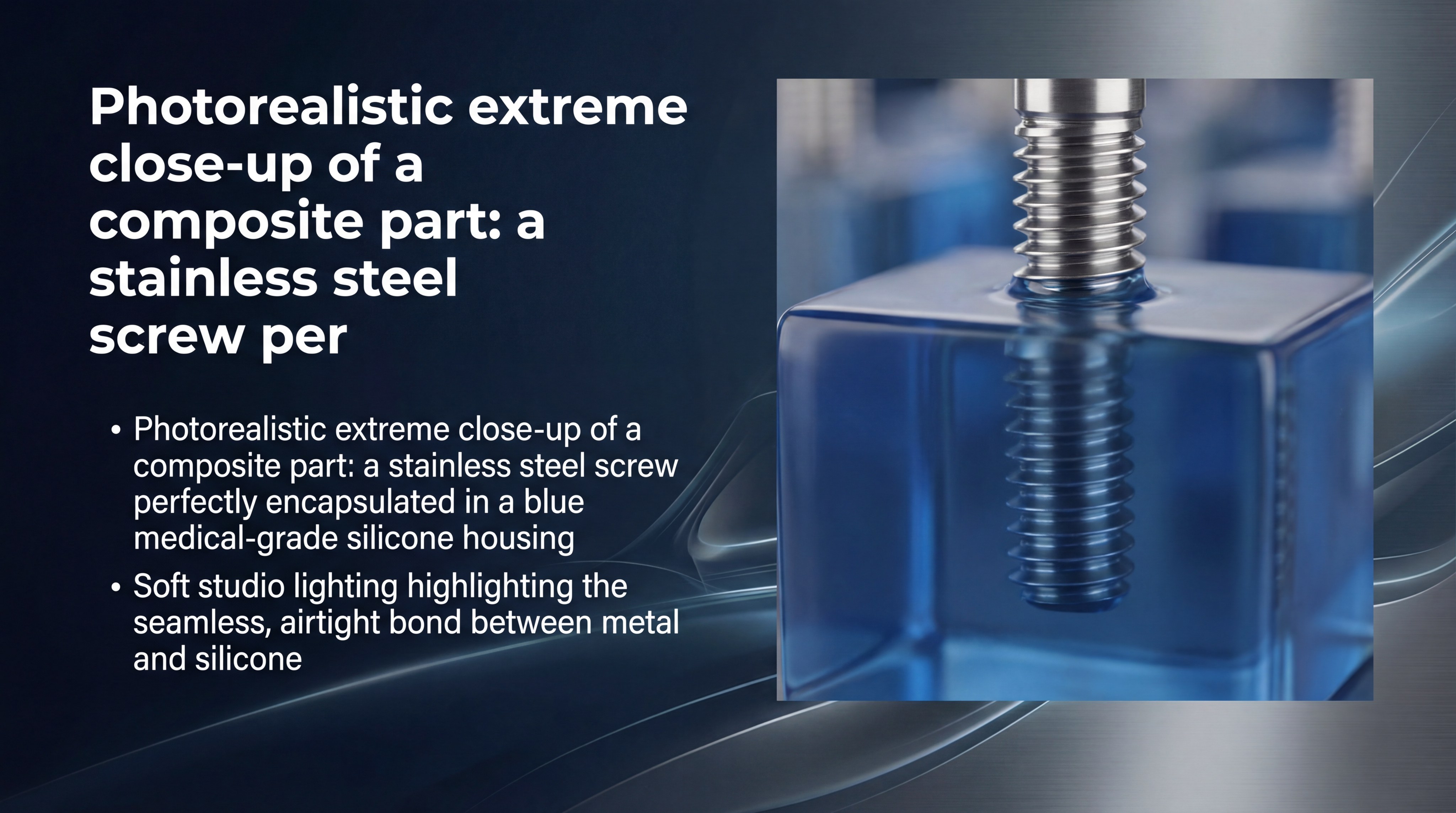 A macro photorealistic image of a stainless steel screw perfectly encapsulated in a blue medical-grade silicone housing.