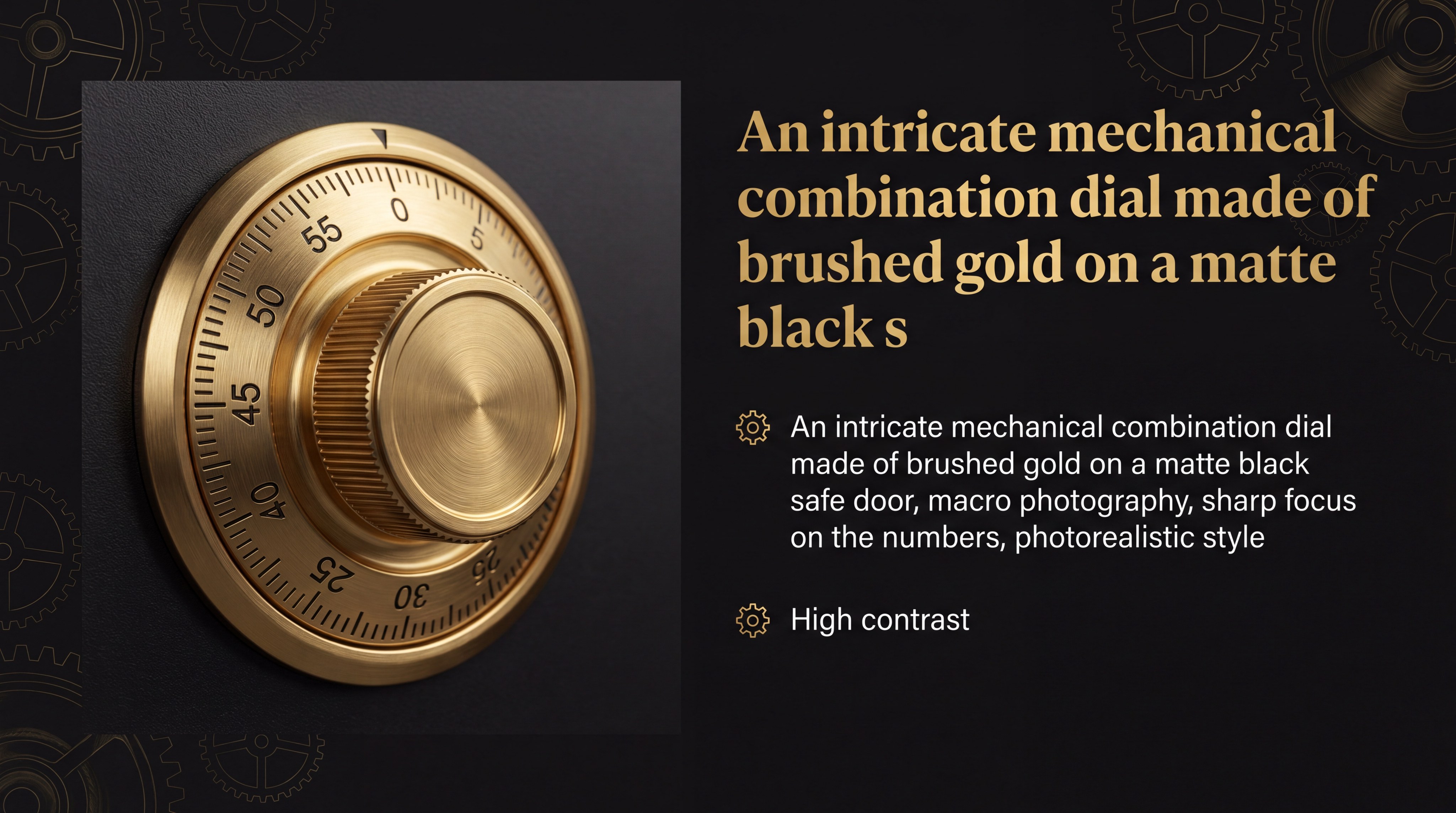 An intricate mechanical combination dial made of brushed gold on a matte black safe door, macro photography, sharp focus on the numbers
