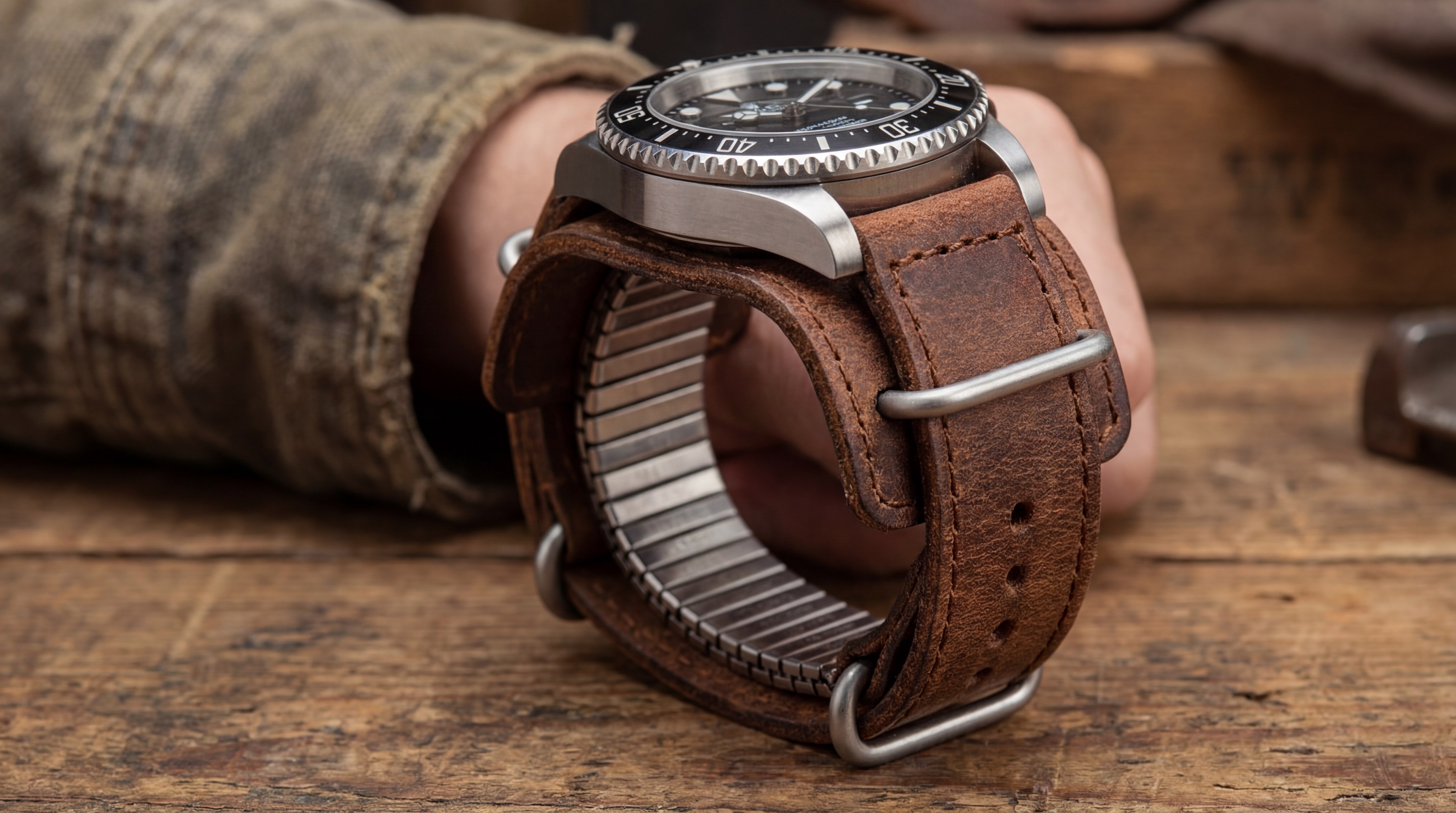 Premium Leather Expandable Watch Cuff with Luxury Diver's Watch