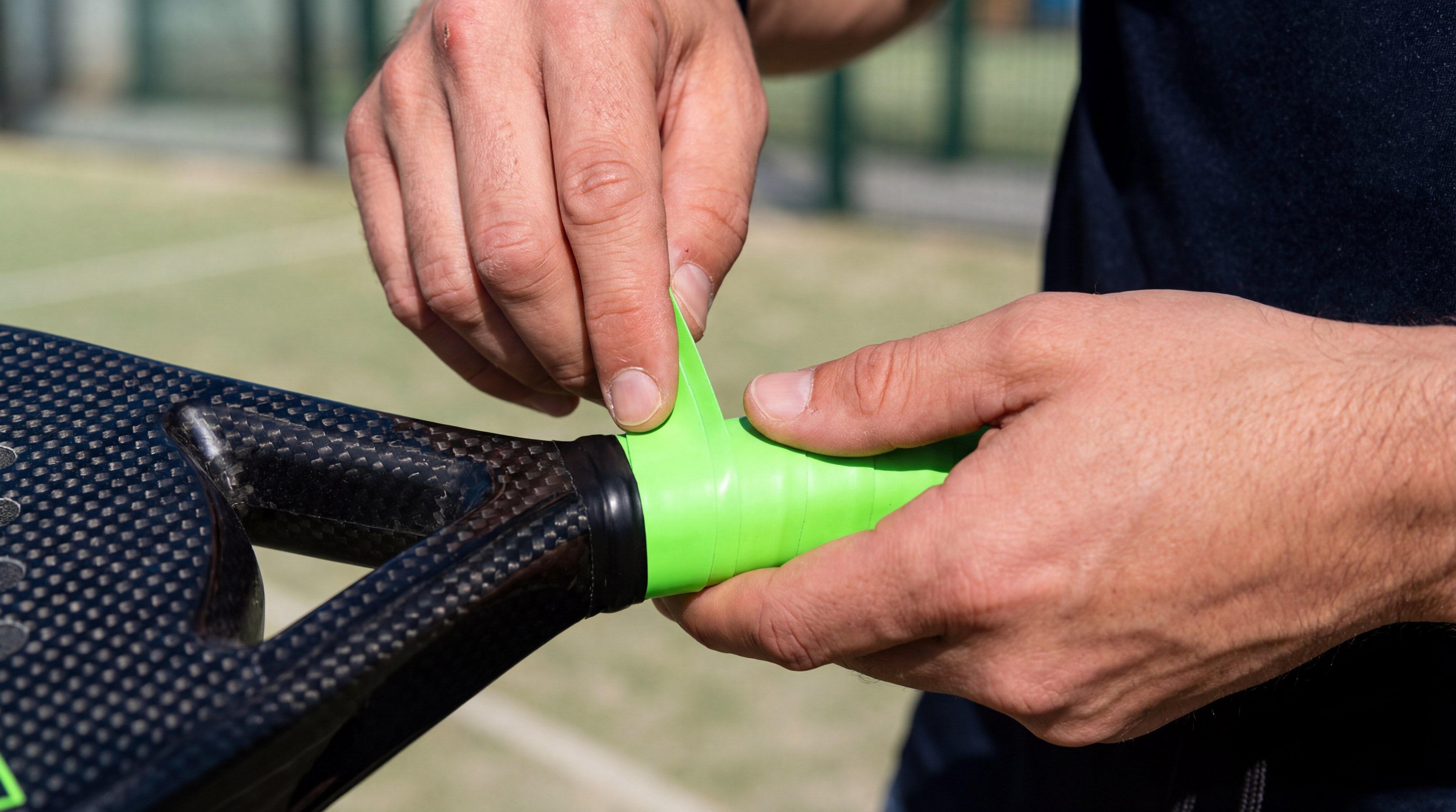A photorealistic image of a hand expertly wrapping neon-colored grip tape around the handle of a padel tennis bat.