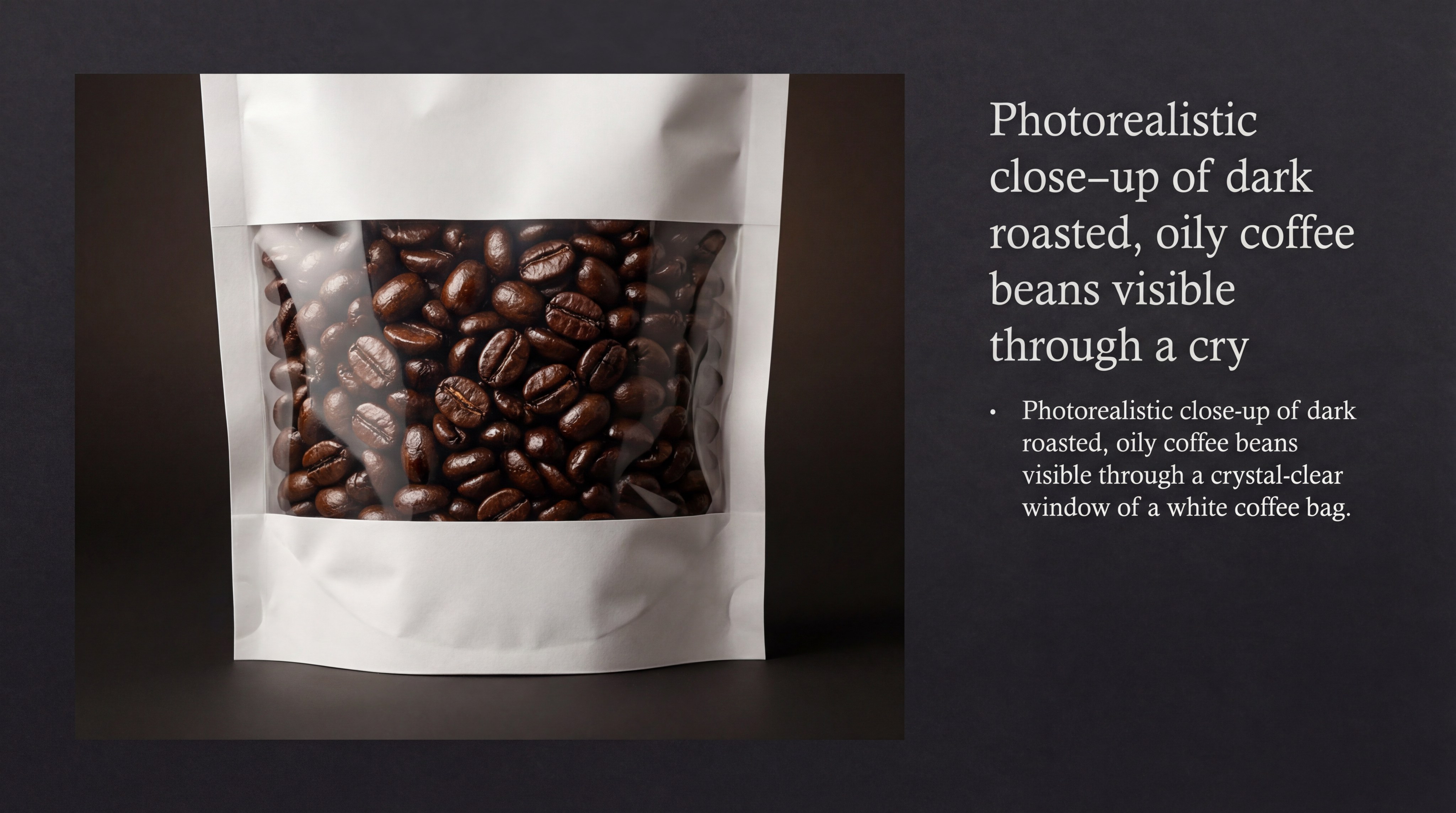 Photorealistic close-up of dark roasted, oily coffee beans visible through a crystal-clear window of a white coffee bag.