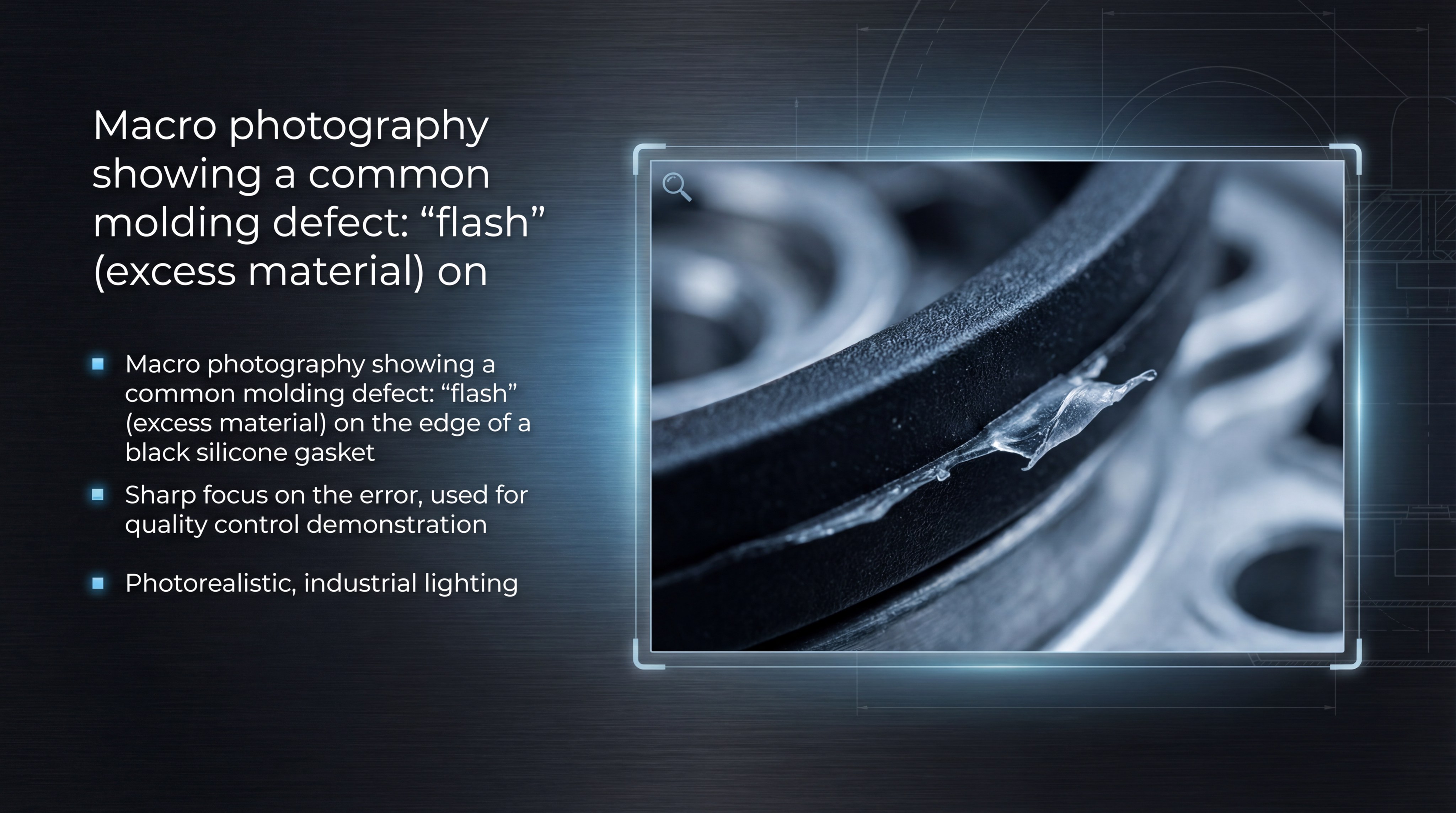 Macro photography showing a common molding defect: "flash" (excess material) on the edge of a black silicone gasket.