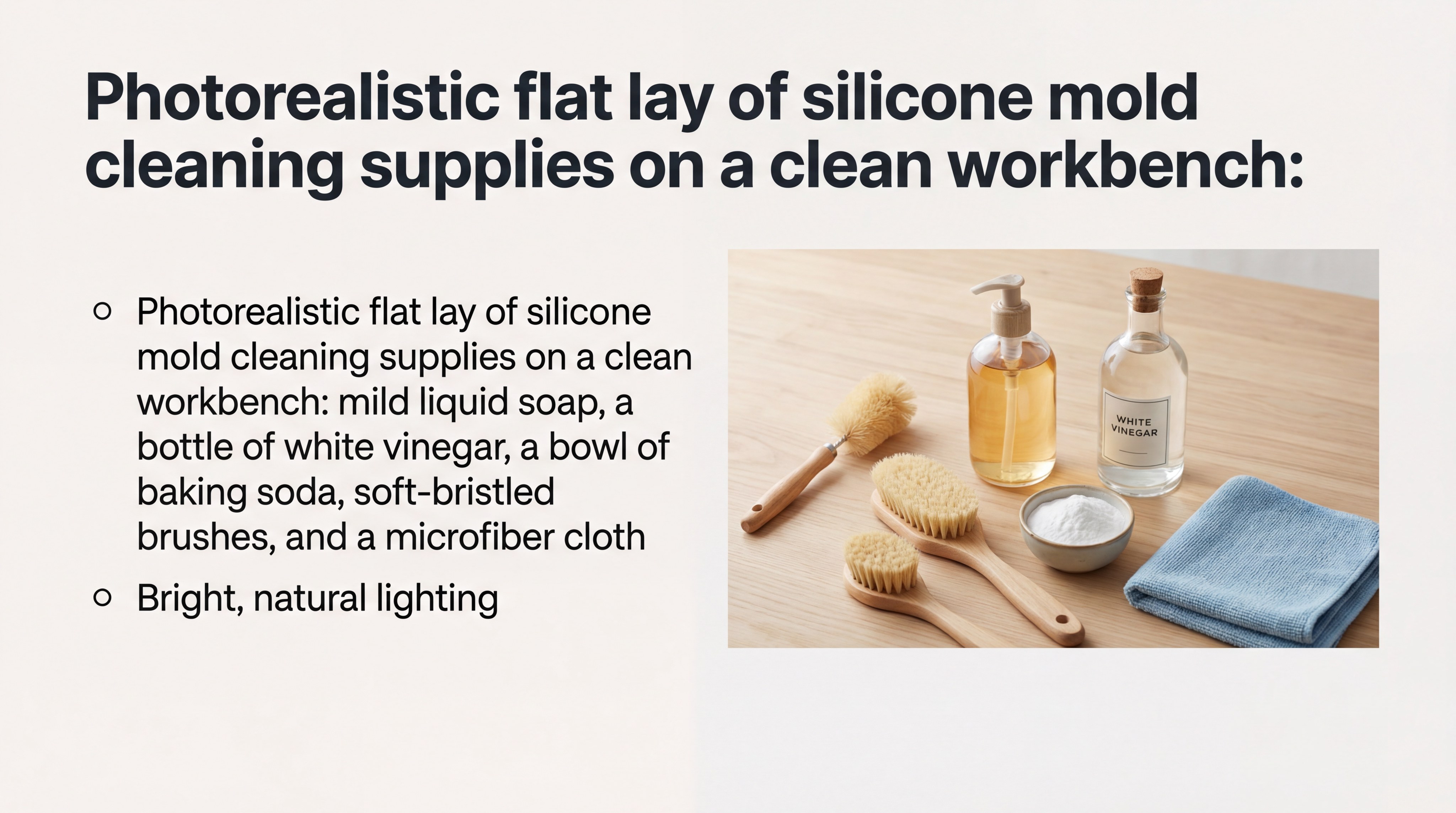 Photorealistic flat lay of silicone mold cleaning supplies on a clean workbench: mild liquid soap, a bottle of white vinegar, a bowl of baking soda, soft-bristled brushes, and a microfiber cloth