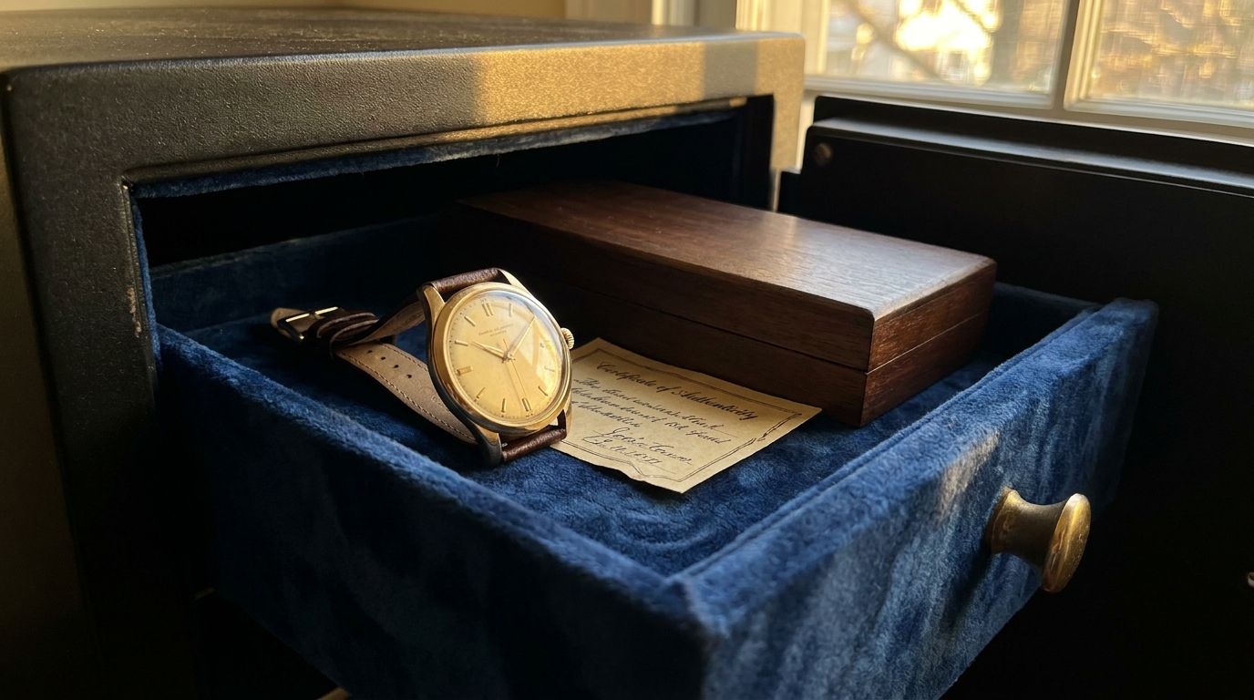 Vintage gold luxury watch displayed on velvet safe drawer