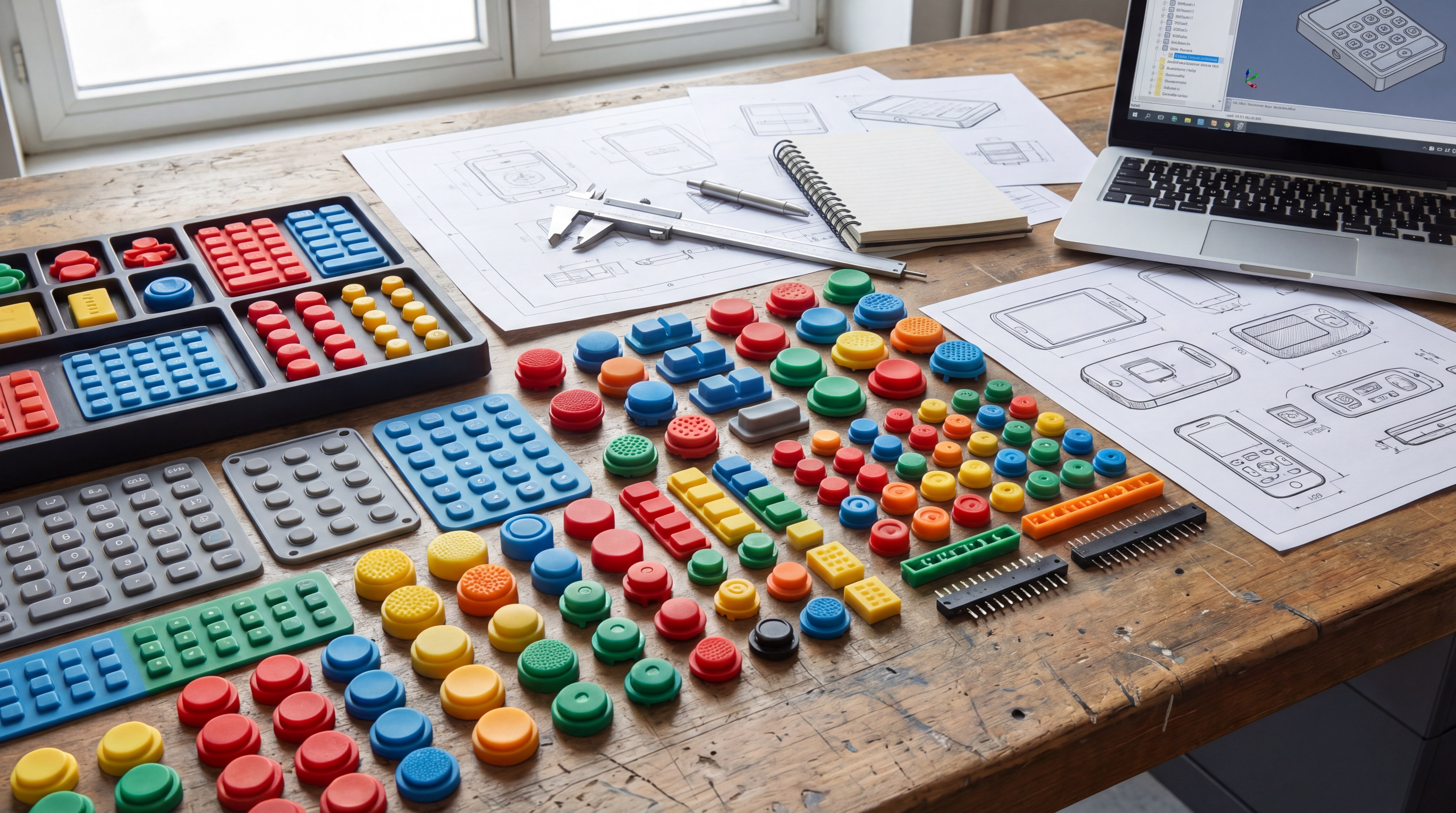 Array of colorful custom silicone buttons and keypads