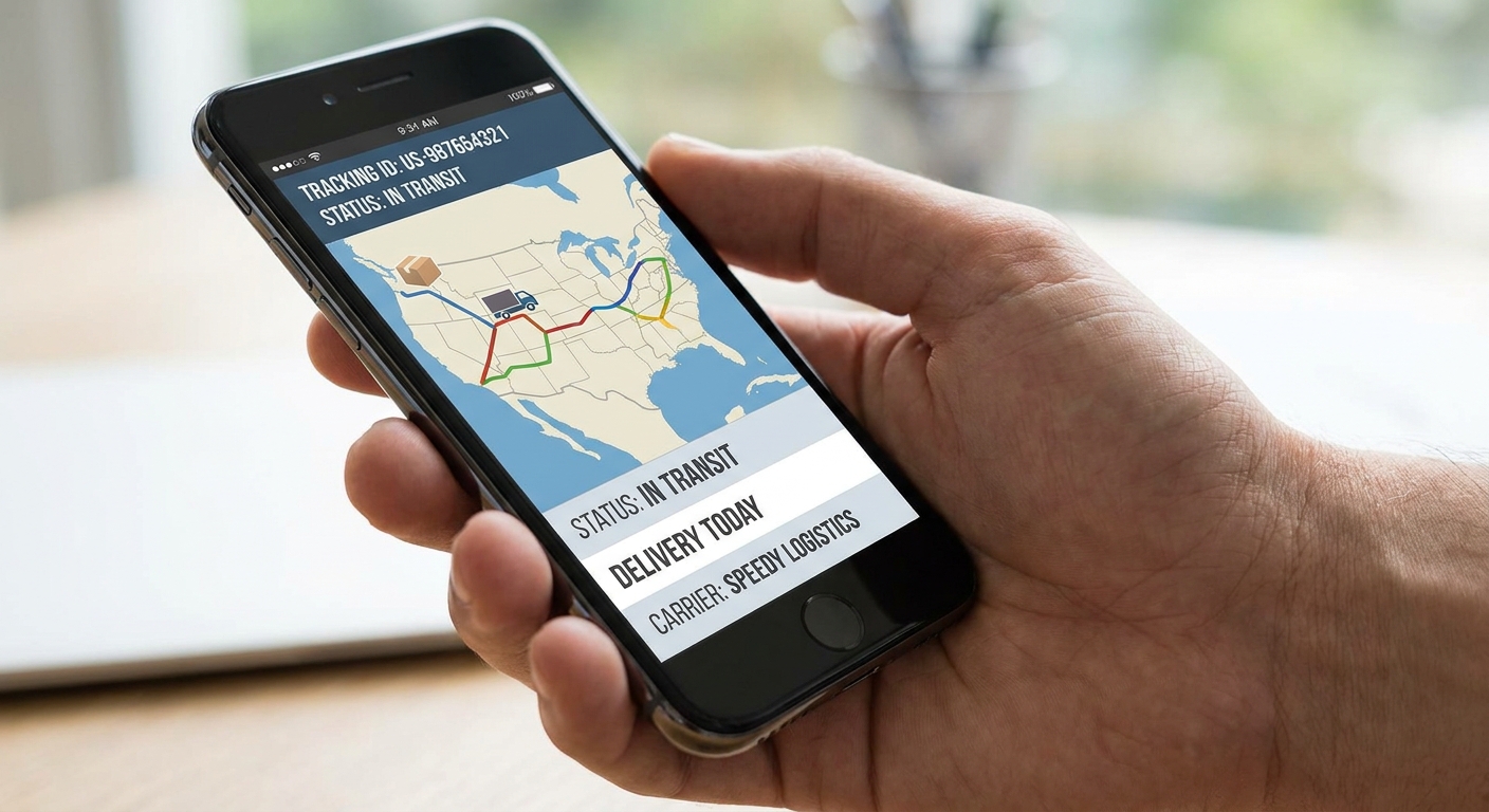 Smartphone displaying active package tracking route across the United States