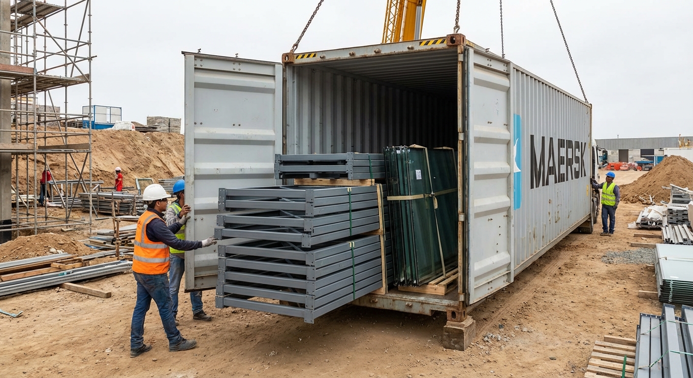 A photorealistic image of a shipping container being unloaded at a construction site, revealing the neatly packed steel frames and glass panels of a padel court.