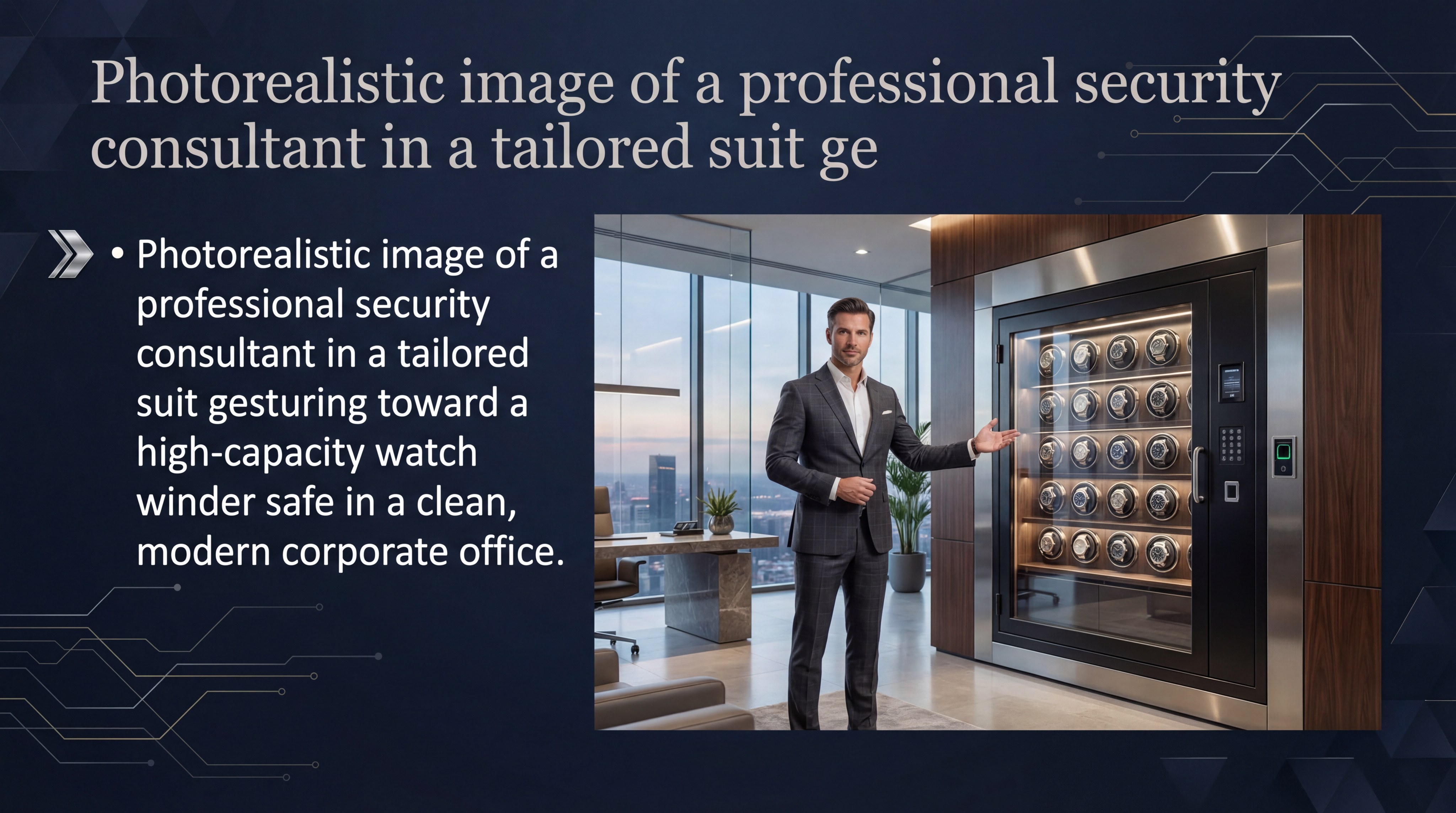 Photorealistic image of a professional security consultant in a tailored suit gesturing toward a high-capacity watch winder safe in a clean, modern corporate office