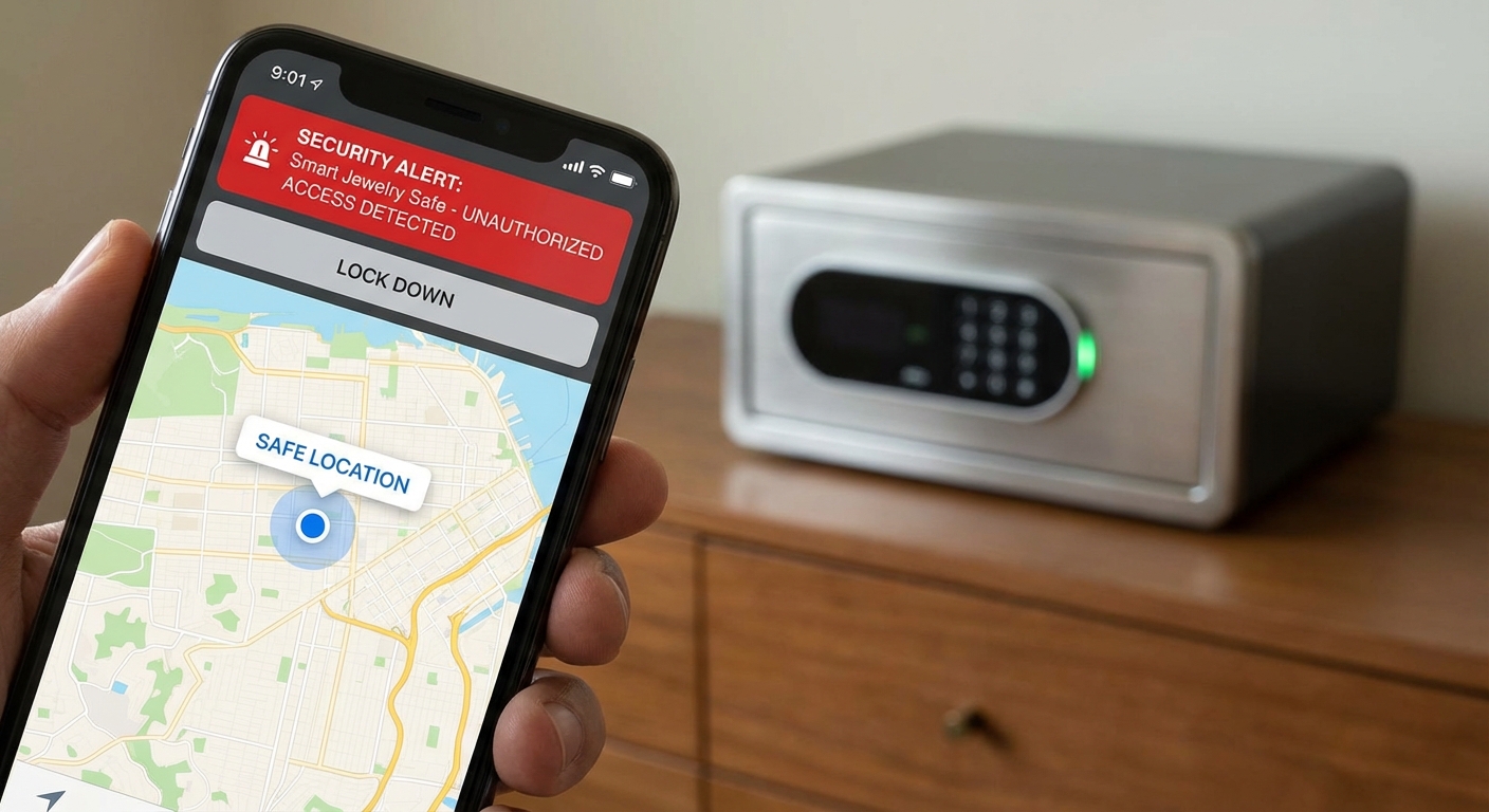 A smartphone app showing the GPS location and security status of a safe