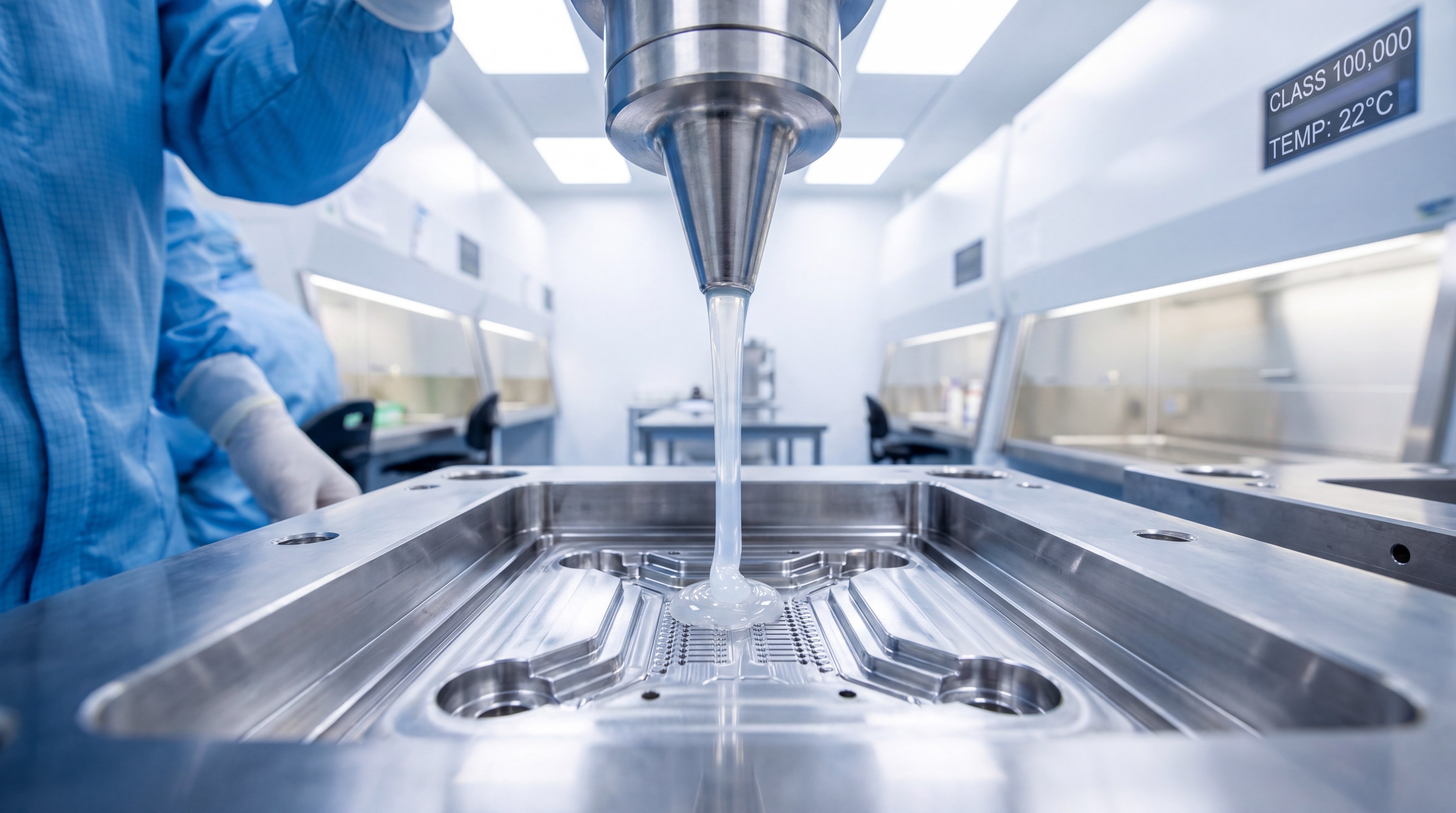 Photorealistic close-up of high-purity Liquid Silicone Rubber (LSR) flowing into a high-precision medical mold within a Class 100,000 cleanroom environment.