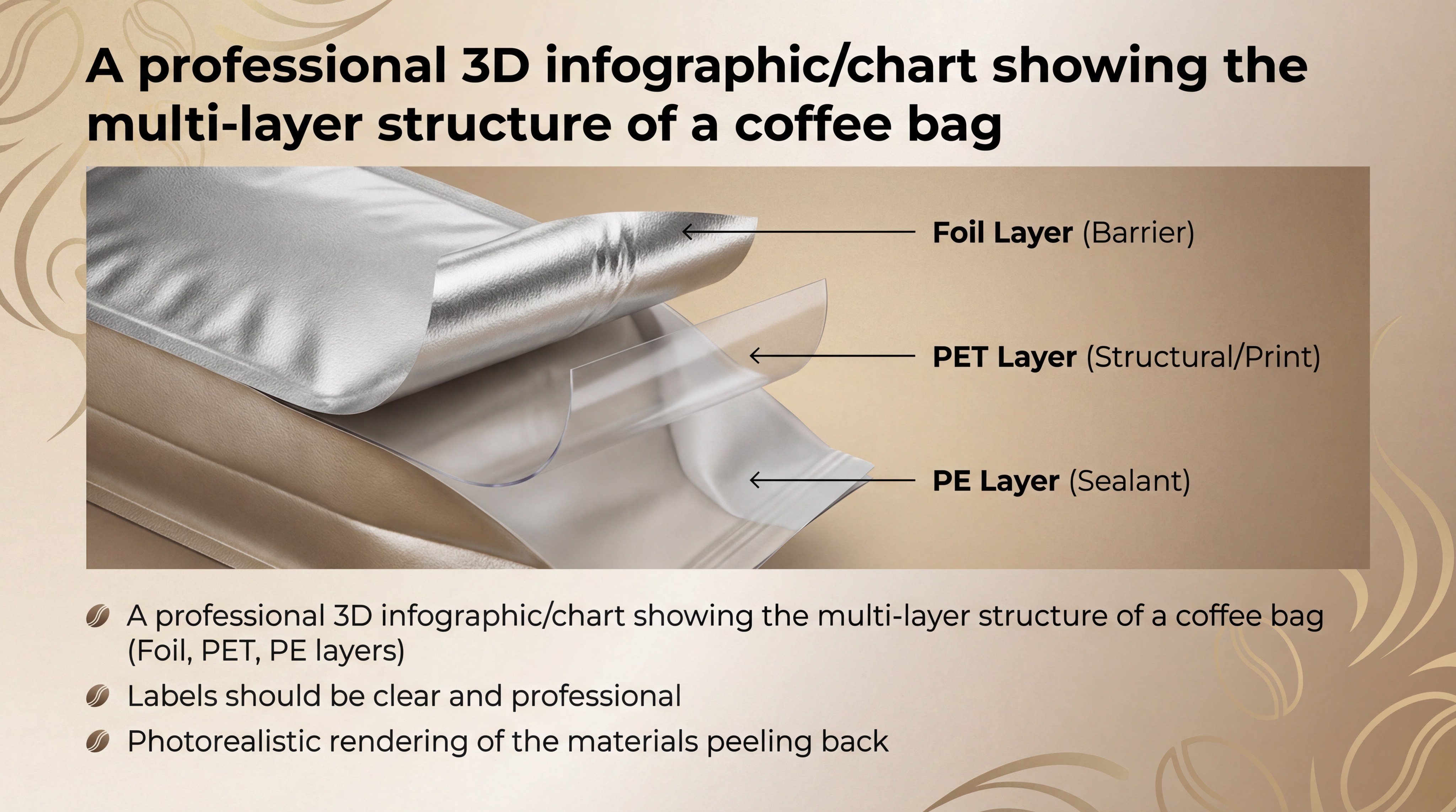 Professional 3D infographic showing the multi-layer structure of a coffee bag with Foil, PET, and PE layers