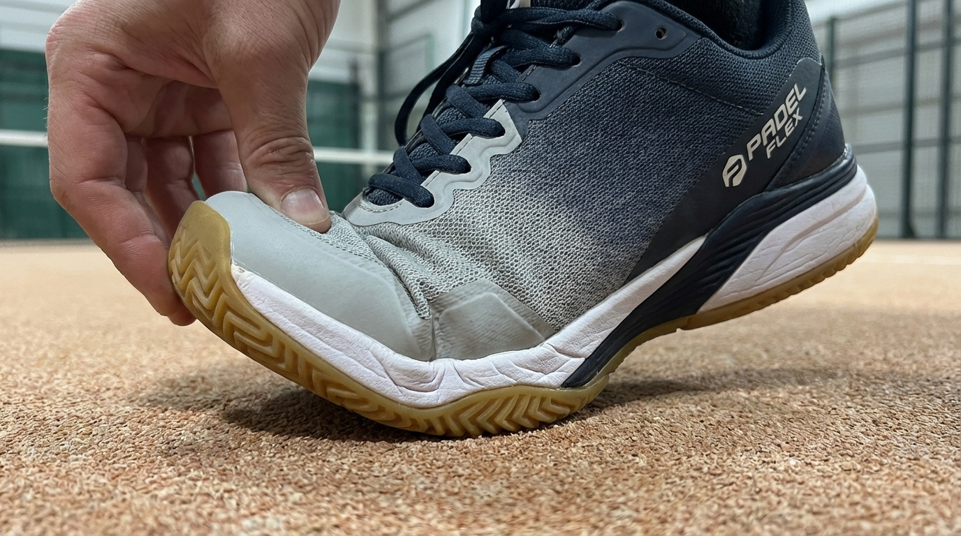 Padel shoe being held and flexed at the forefoot to show flex grooves in the sole.