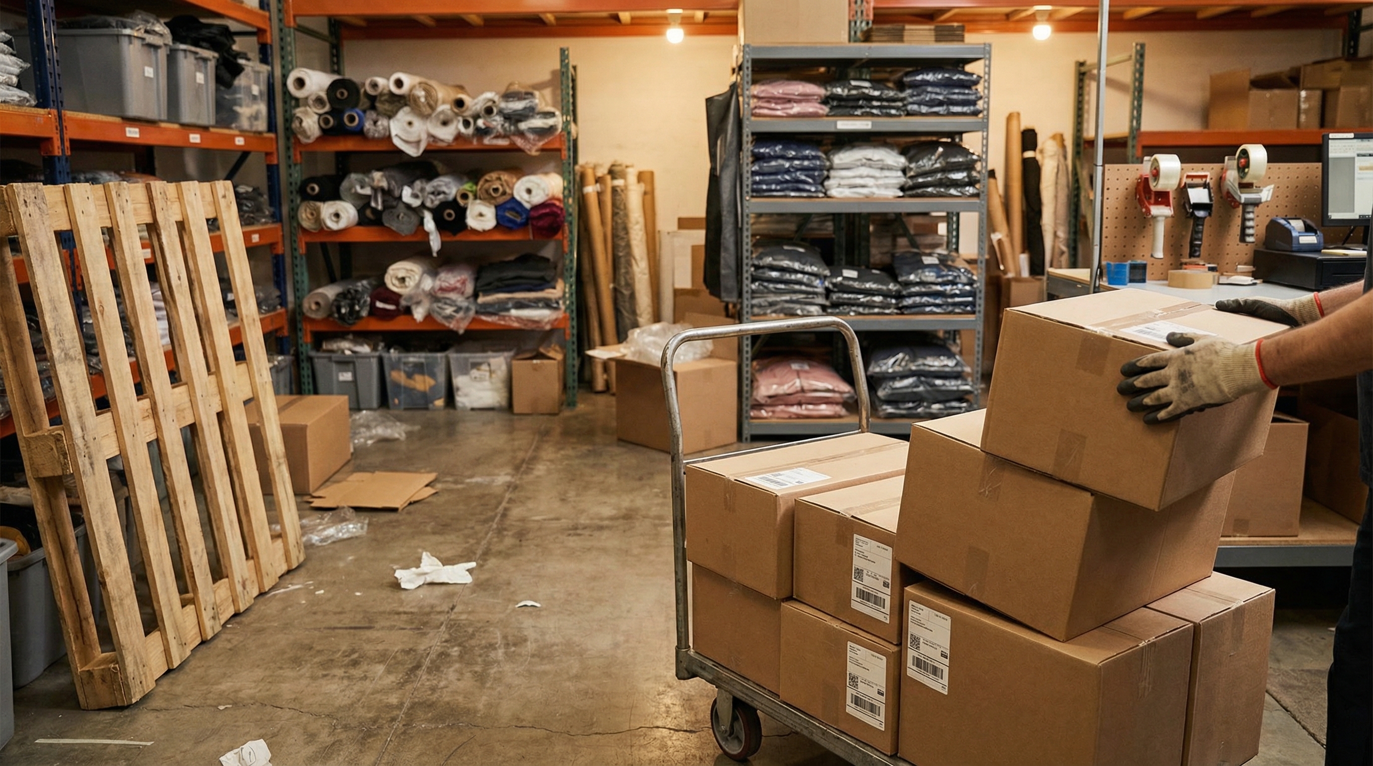 A busy warehouse fulfillment center showing a worker loading boxes of shoes onto a cart for shipping.