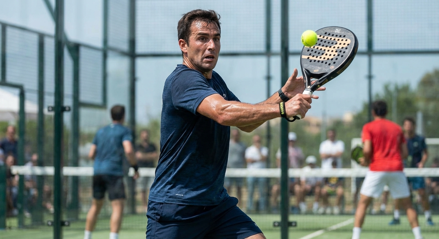 A photorealistic action shot of a player hitting a 'Bandeja' shot.
