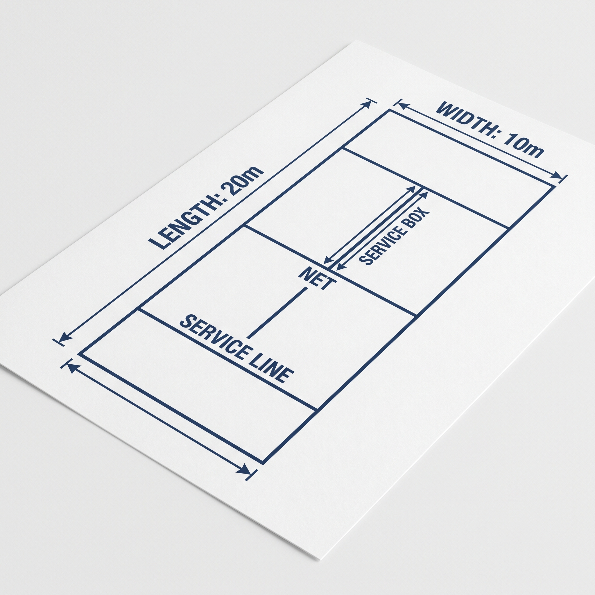 Technical diagram showing standard padel court measurements of 20m by 10m.