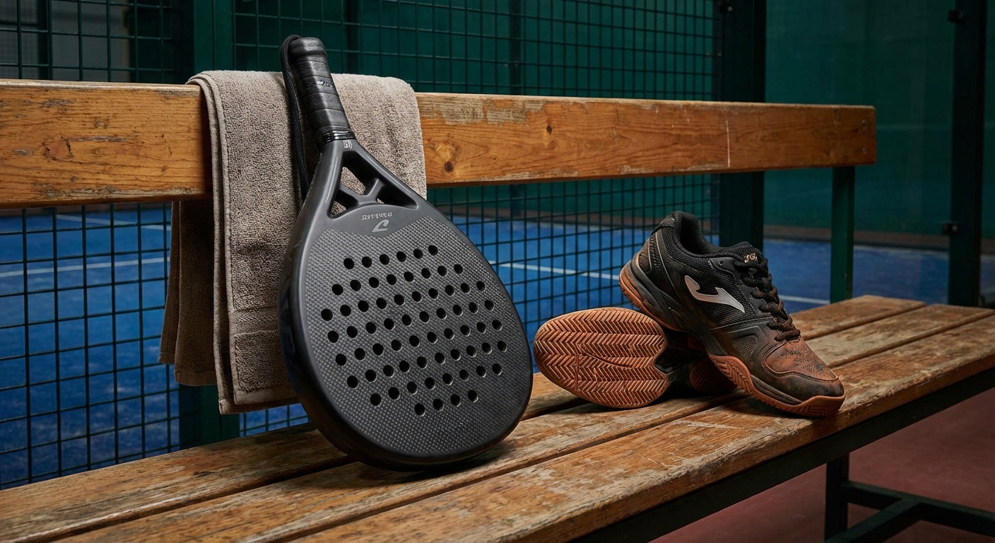 Still life of a premium carbon fiber padel racket and specialized herringbone-sole shoes resting on a court bench, professional studio lighting.